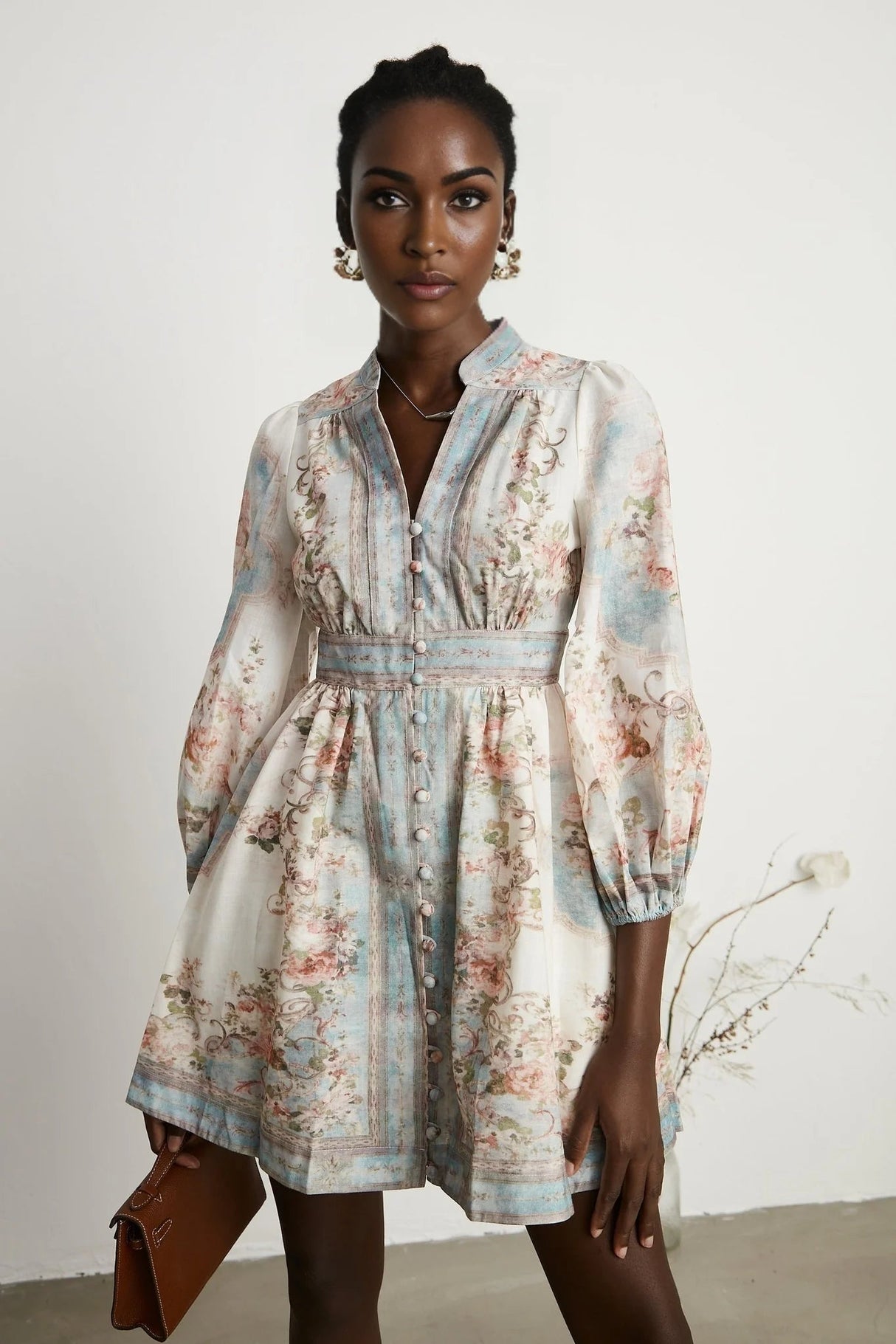 Willa Mini Dress Romantic Blue Floral V - Neck Mini - Length Button - Front