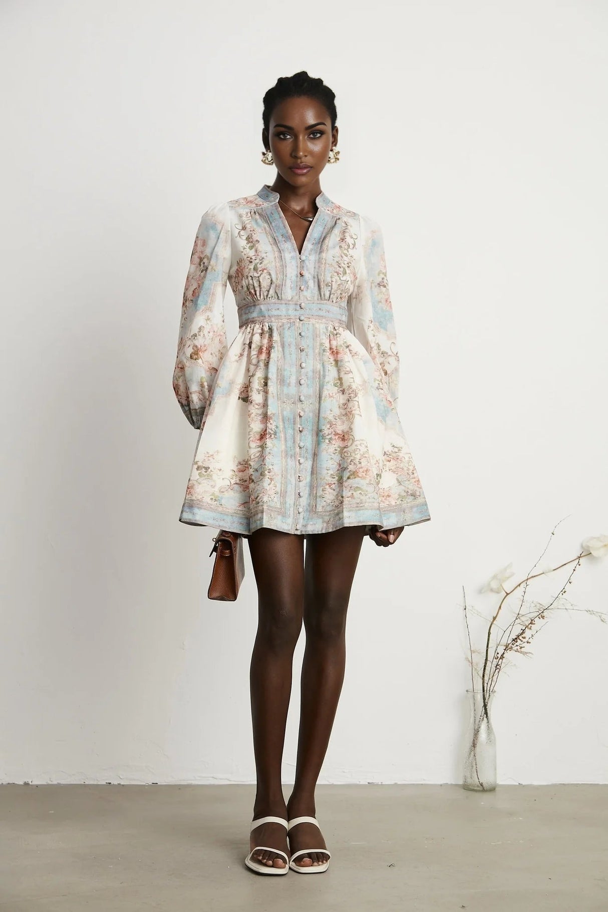 Willa Mini Dress Romantic Blue Floral V - Neck Mini - Length Button - Front