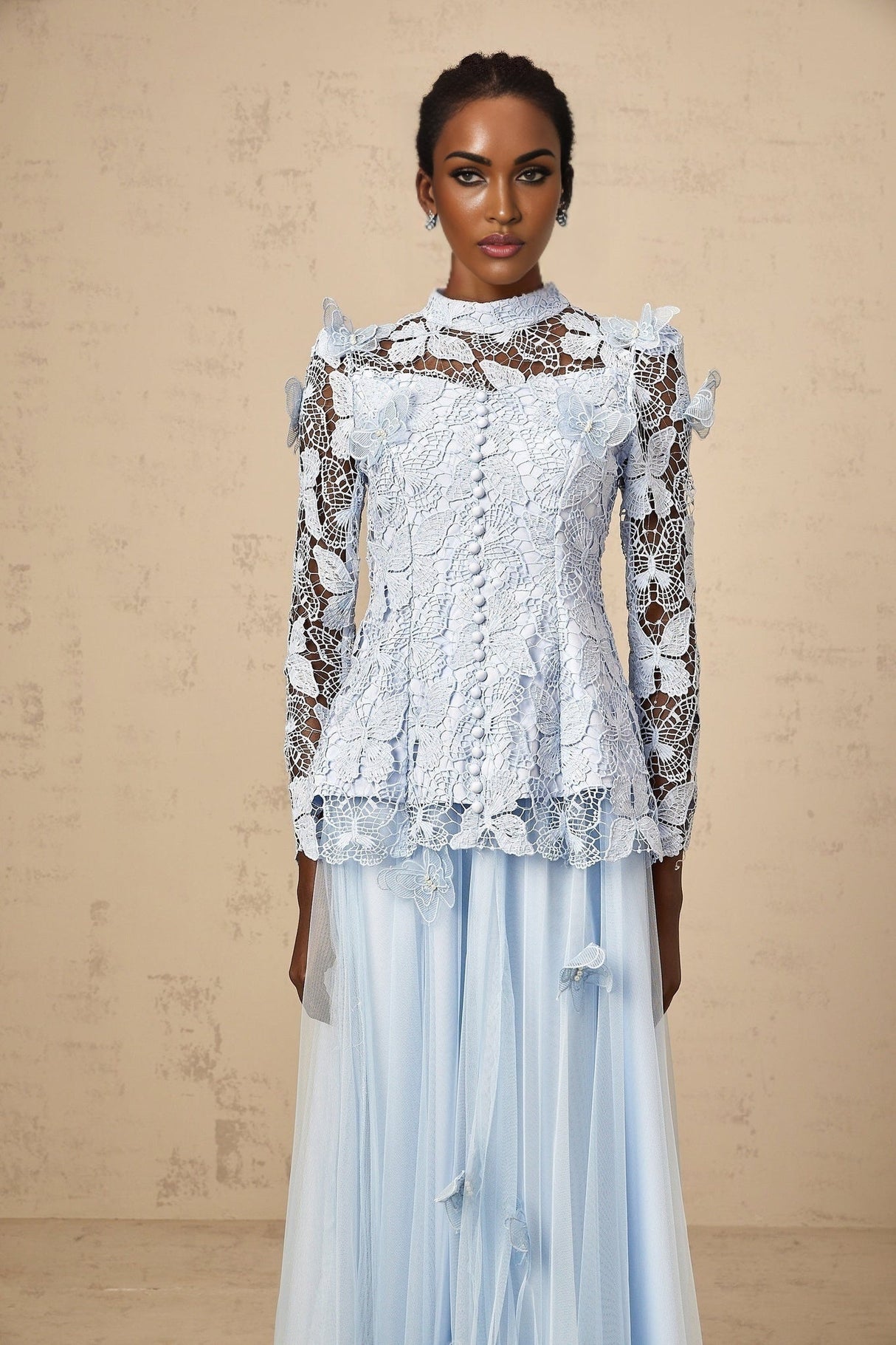 Willa Skirt & Top Set Blue Sequined Lace Butterfly Embellished