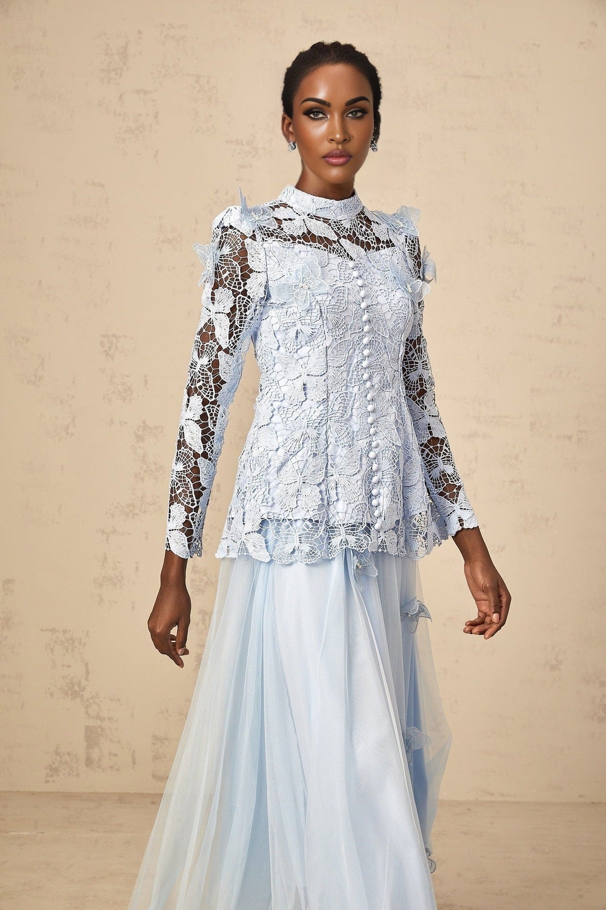Willa Skirt & Top Set Blue Sequined Lace Butterfly Embellished