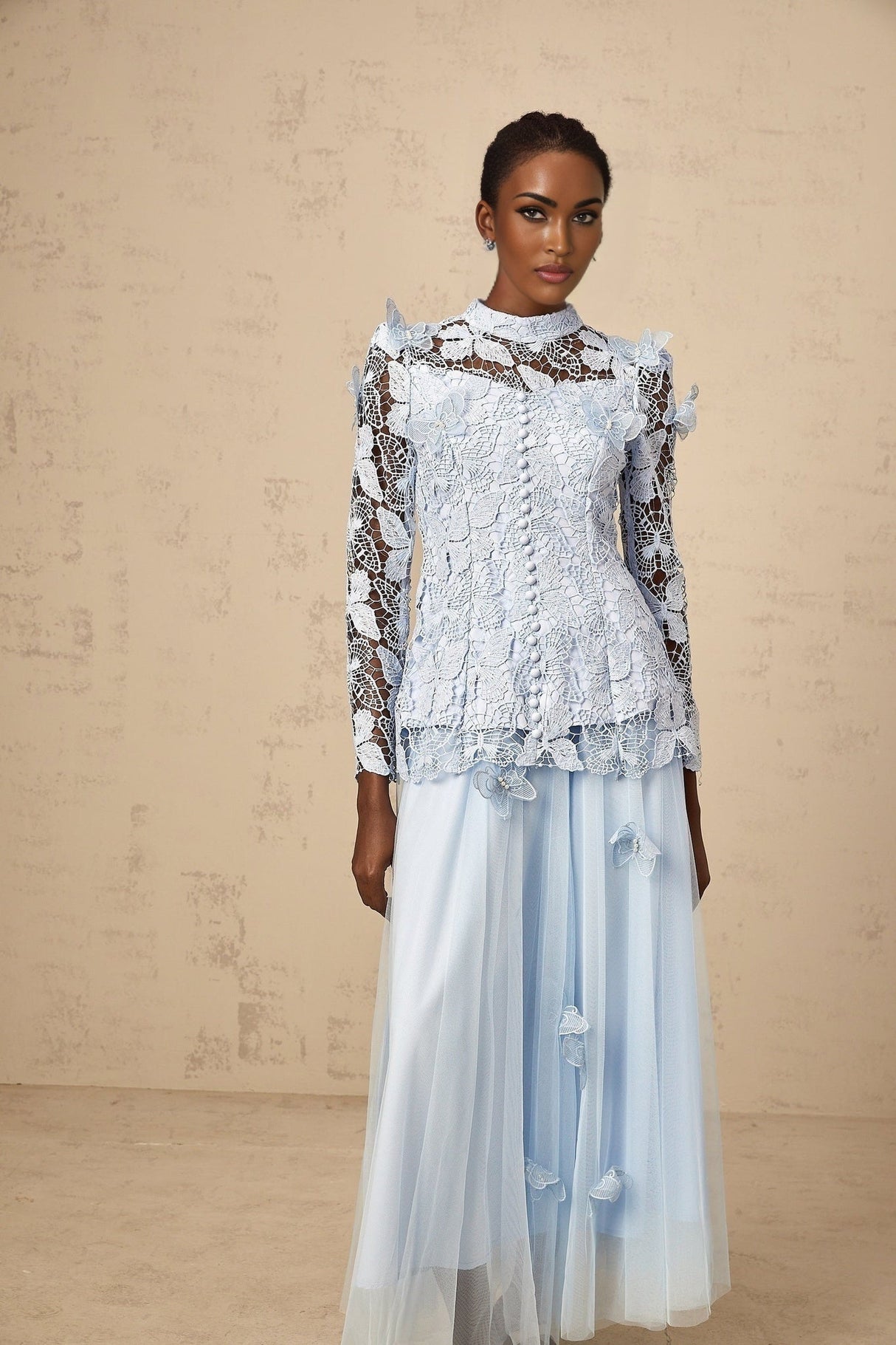 Willa Skirt & Top Set Blue Sequined Lace Butterfly Embellished