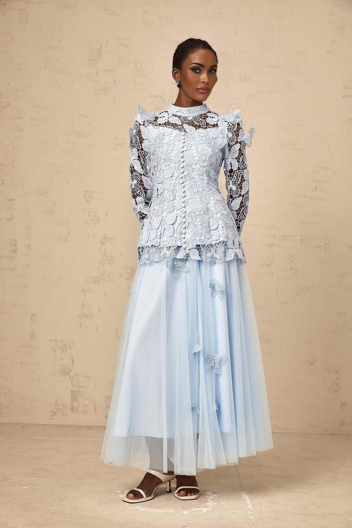 Willa Skirt & Top Set Blue Sequined Lace Butterfly Embellished