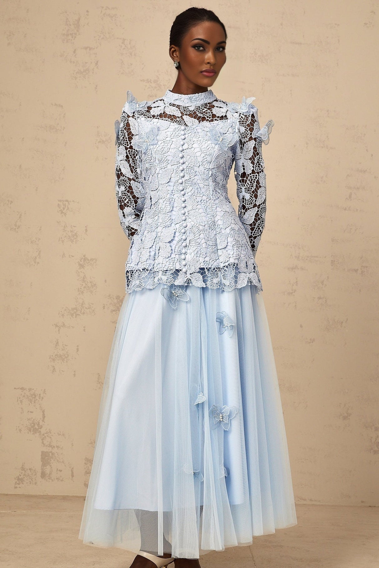 Willa Skirt & Top Set Blue Sequined Lace Butterfly Embellished
