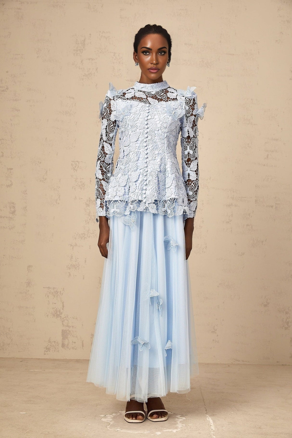 Willa Skirt & Top Set Blue Sequined Lace Butterfly Embellished