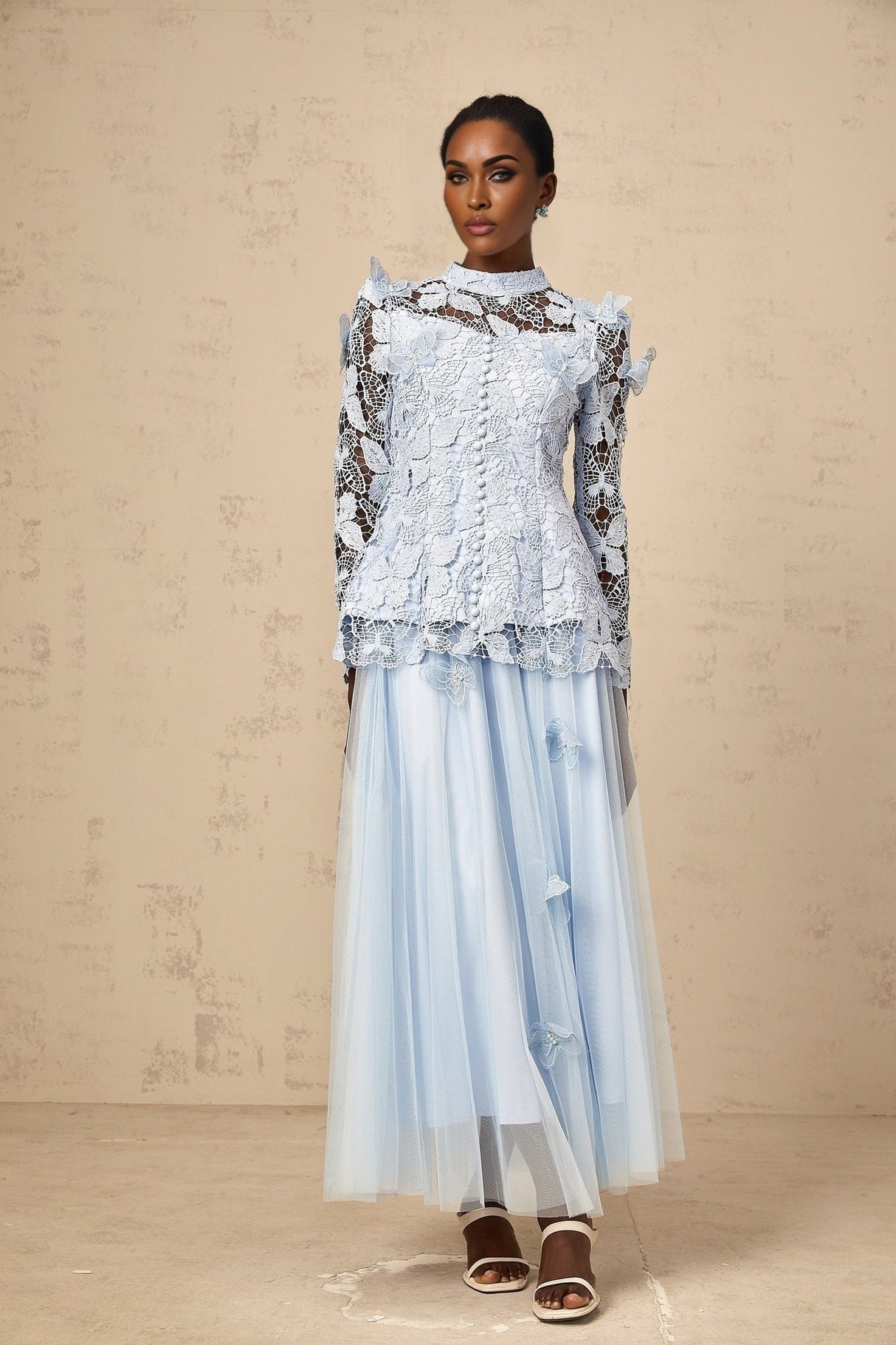 Willa Skirt & Top Set Blue Sequined Lace Butterfly Embellished
