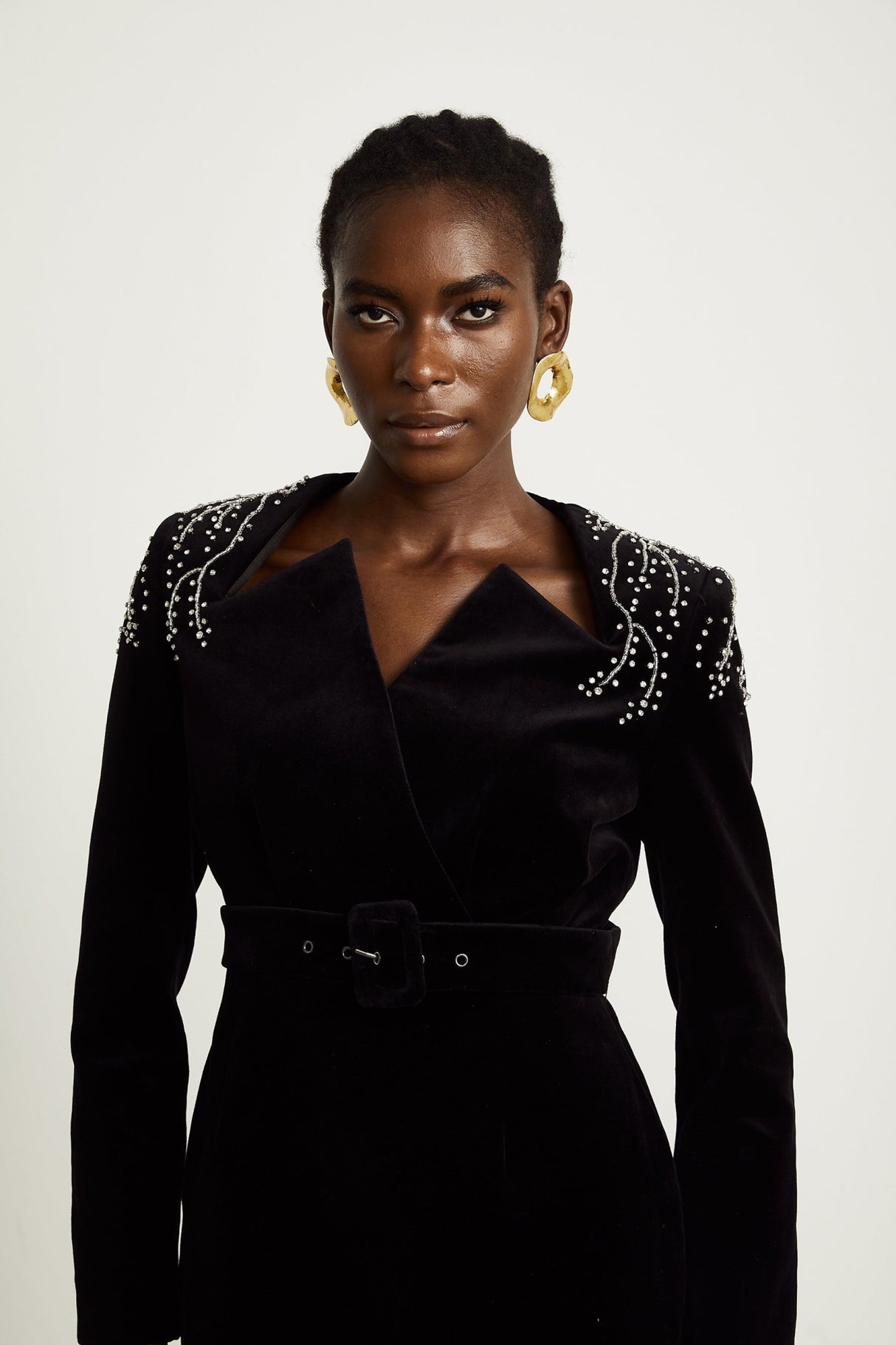 Willow Mini Dress Black Velvet Crystal Belt