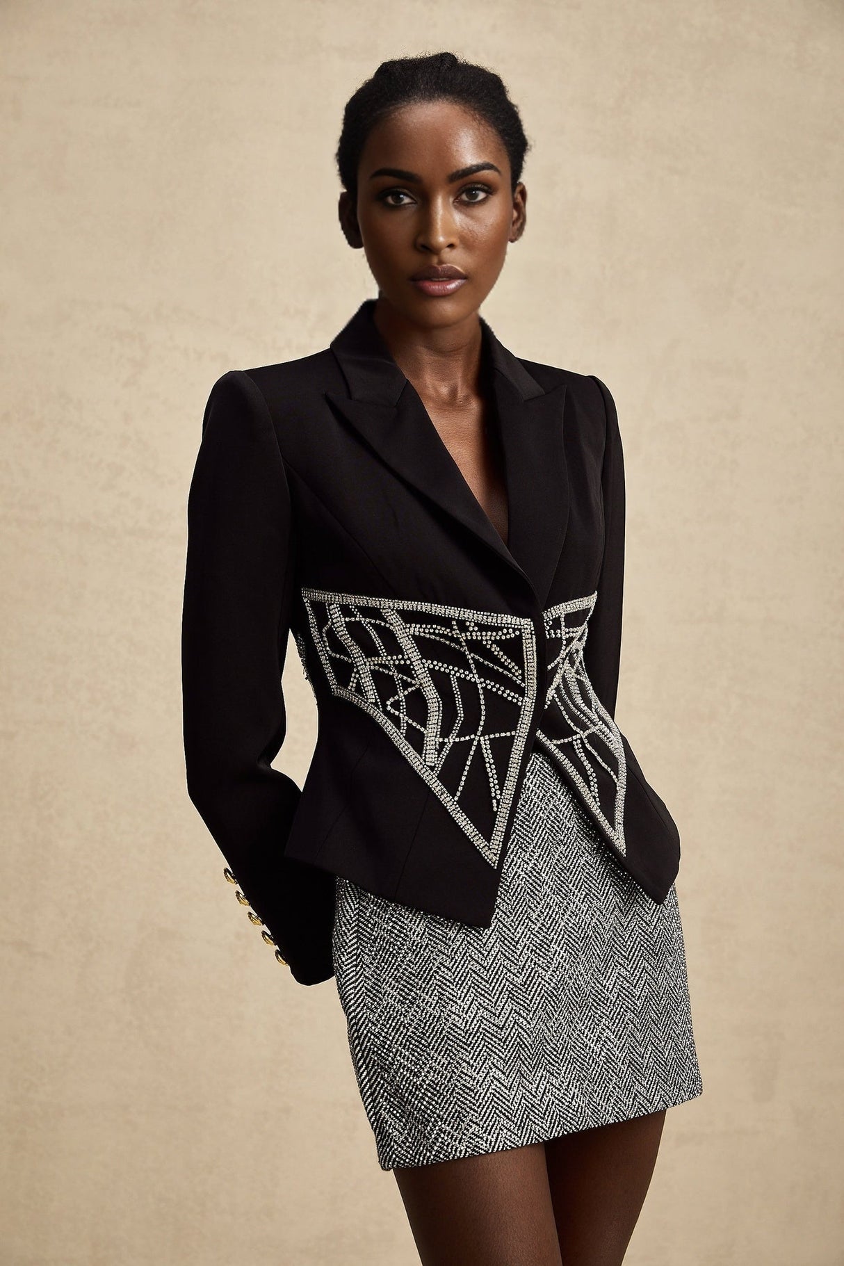 Yara Jacket Black Crystal Embellished Cinched Waist Slim Fit