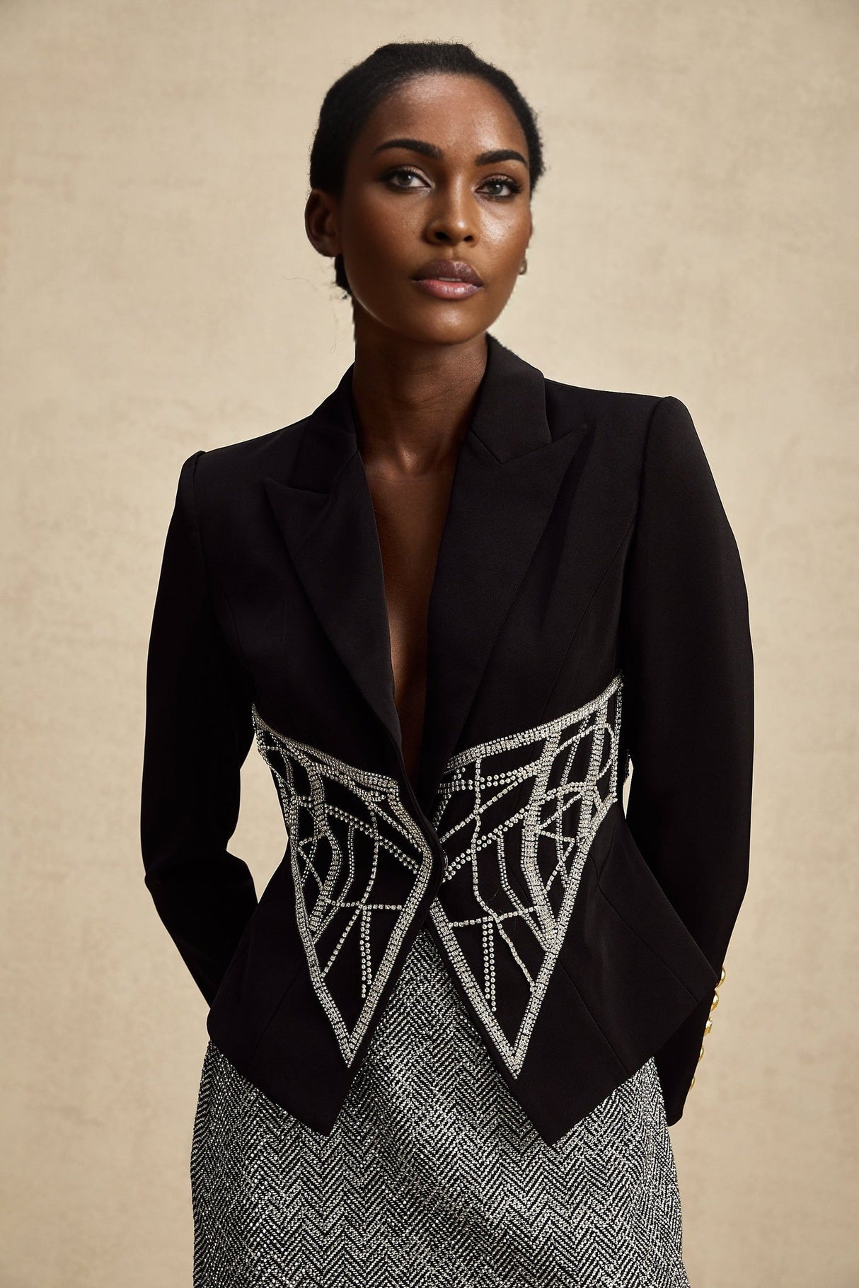 Yara Jacket Black Crystal Embellished Cinched Waist Slim Fit