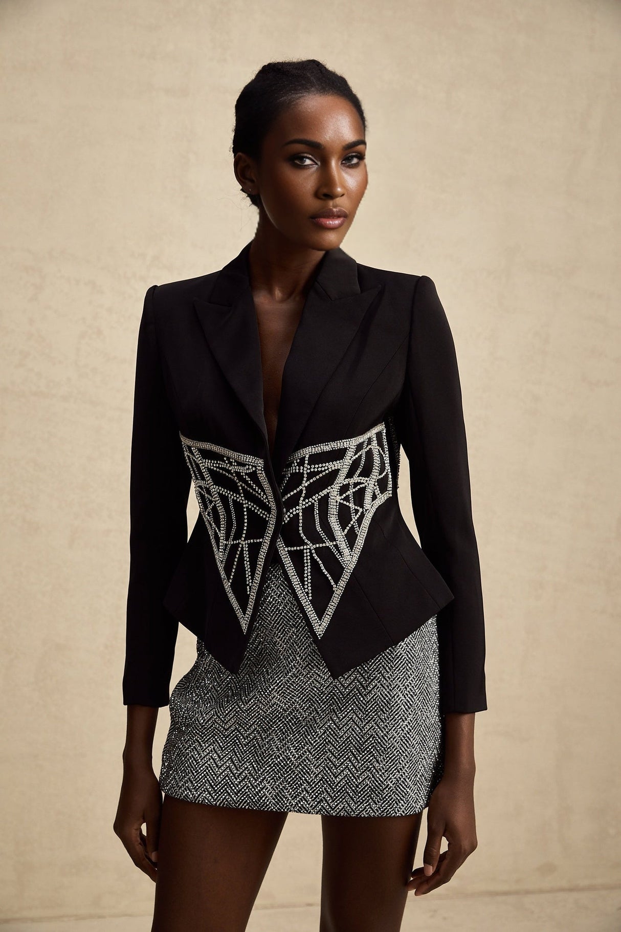 Yara Jacket Black Crystal Embellished Cinched Waist Slim Fit