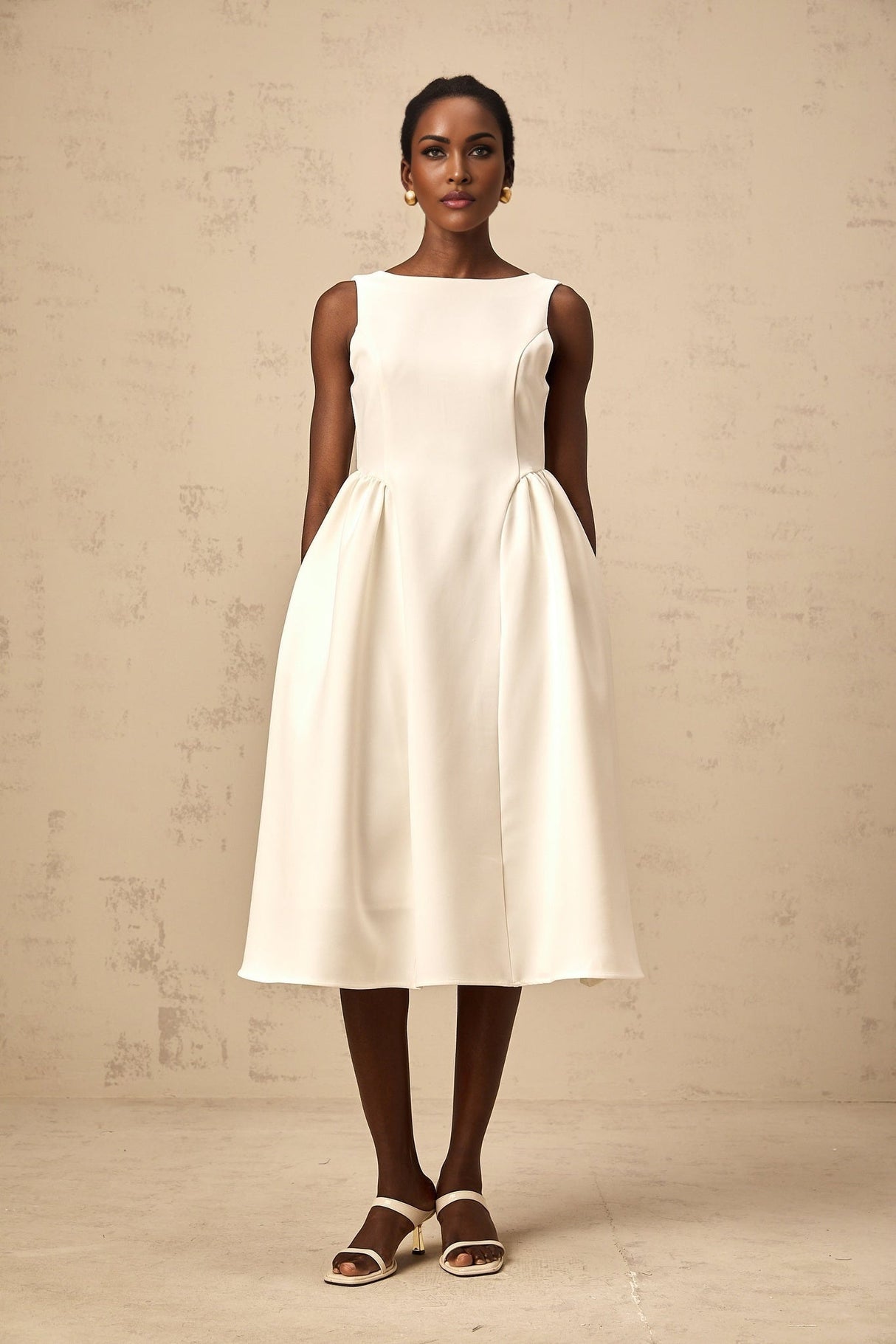 Yasmin Midi Dress White Sleeveless Bateau Neck Pleated Full Skirt & Scoop Back