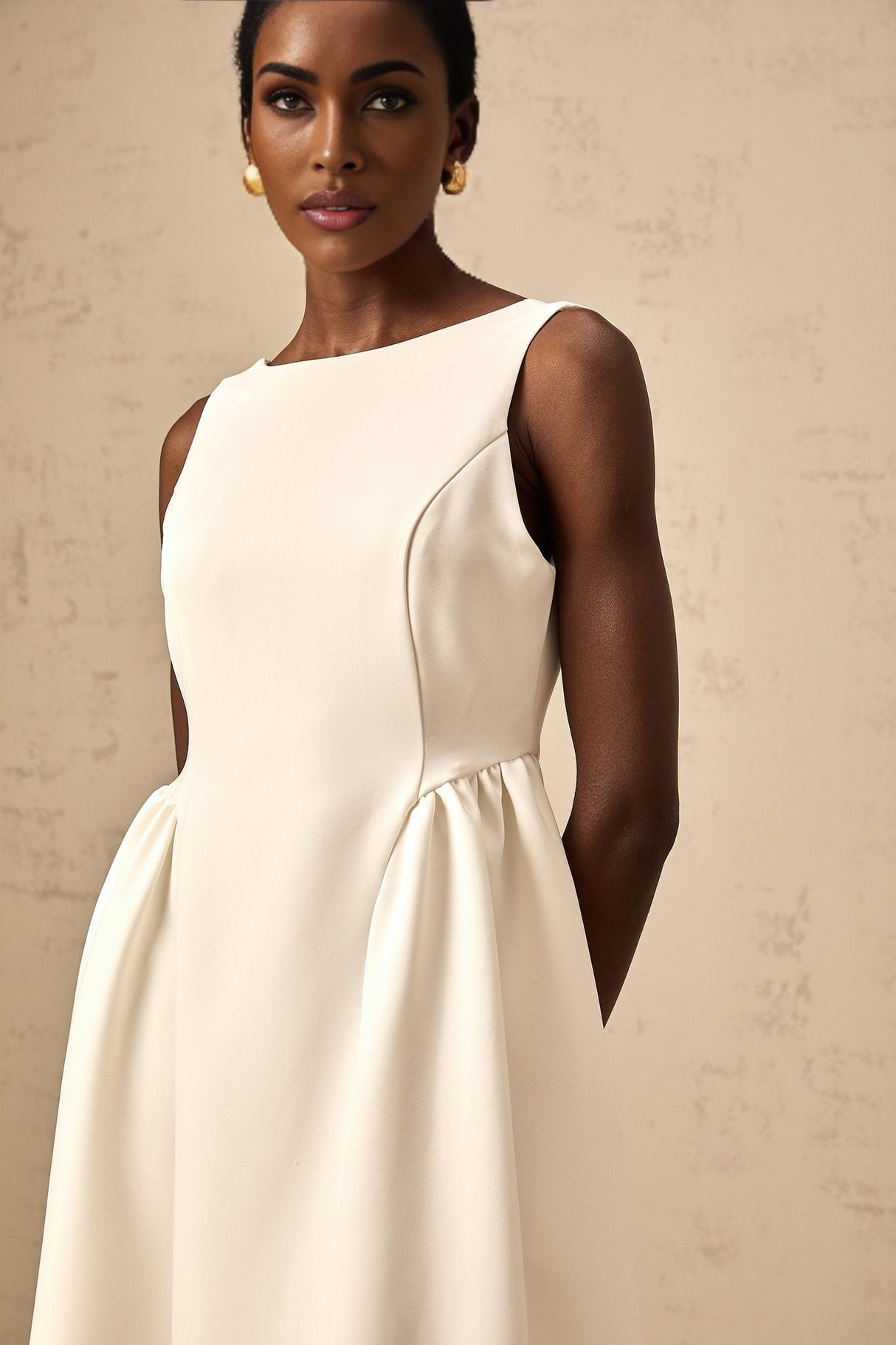 Yasmin Midi Dress White Sleeveless Bateau Neck Pleated Full Skirt & Scoop Back