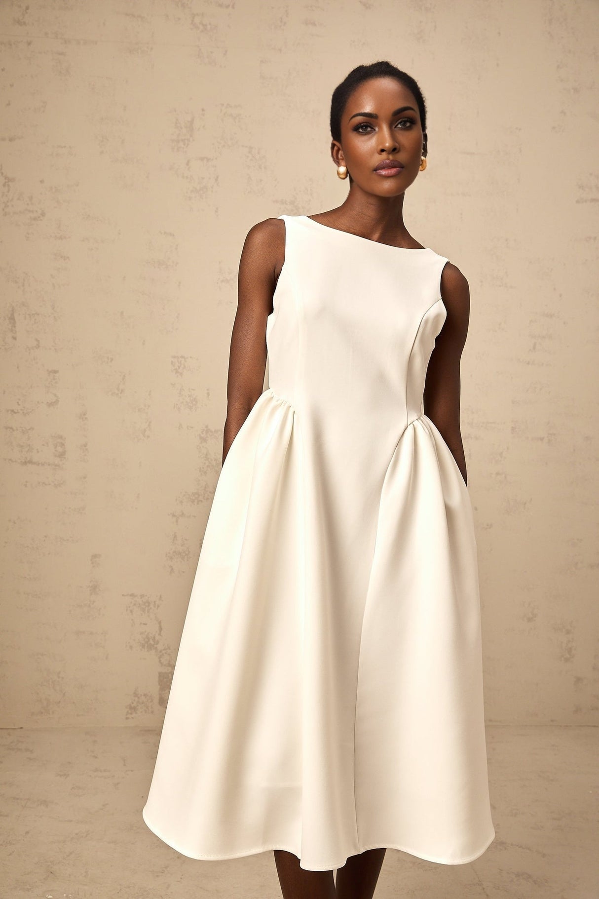 Yasmin Midi Dress White Sleeveless Bateau Neck Pleated Full Skirt & Scoop Back