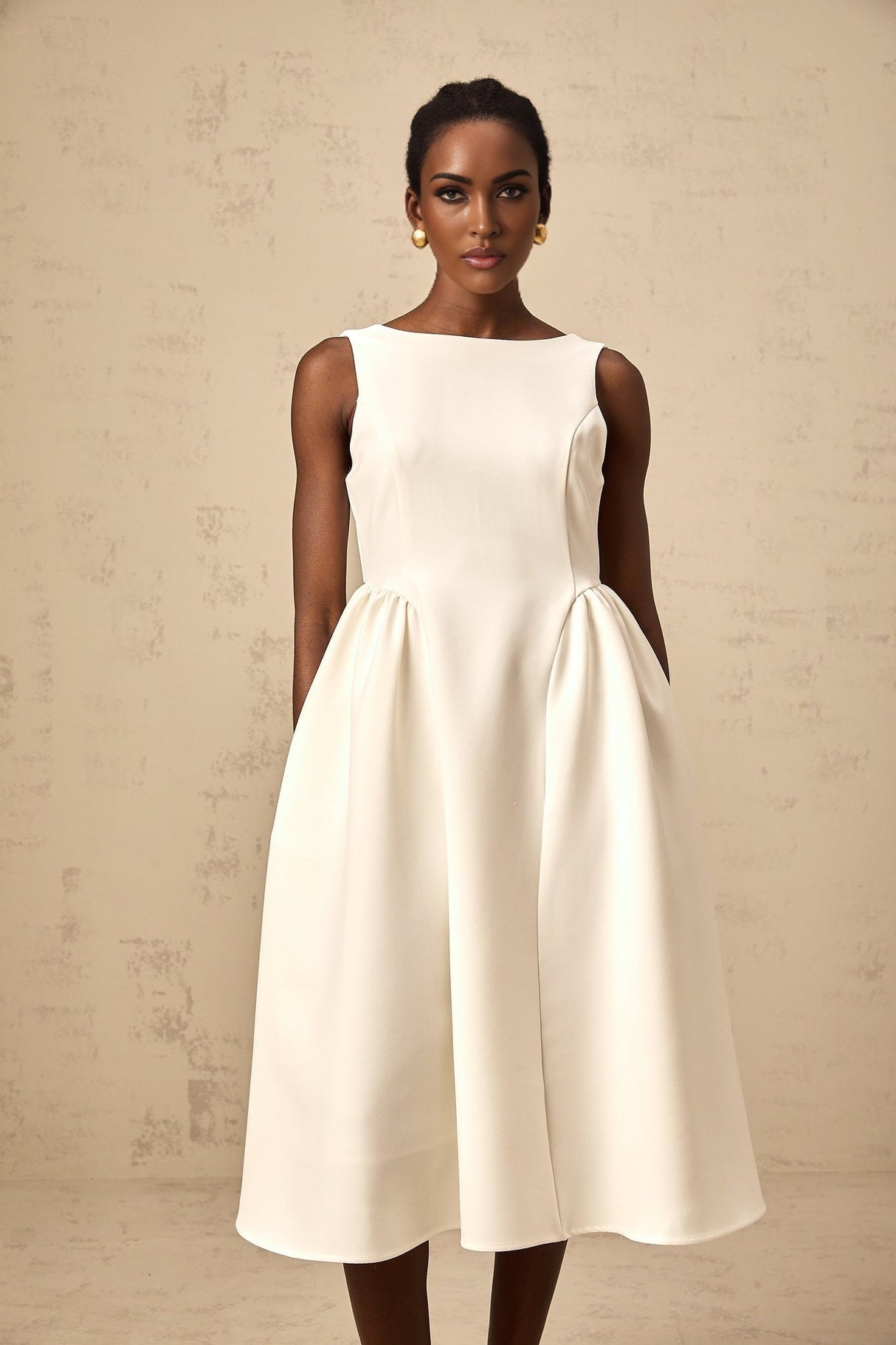 Yasmin Midi Dress White Sleeveless Bateau Neck Pleated Full Skirt & Scoop Back