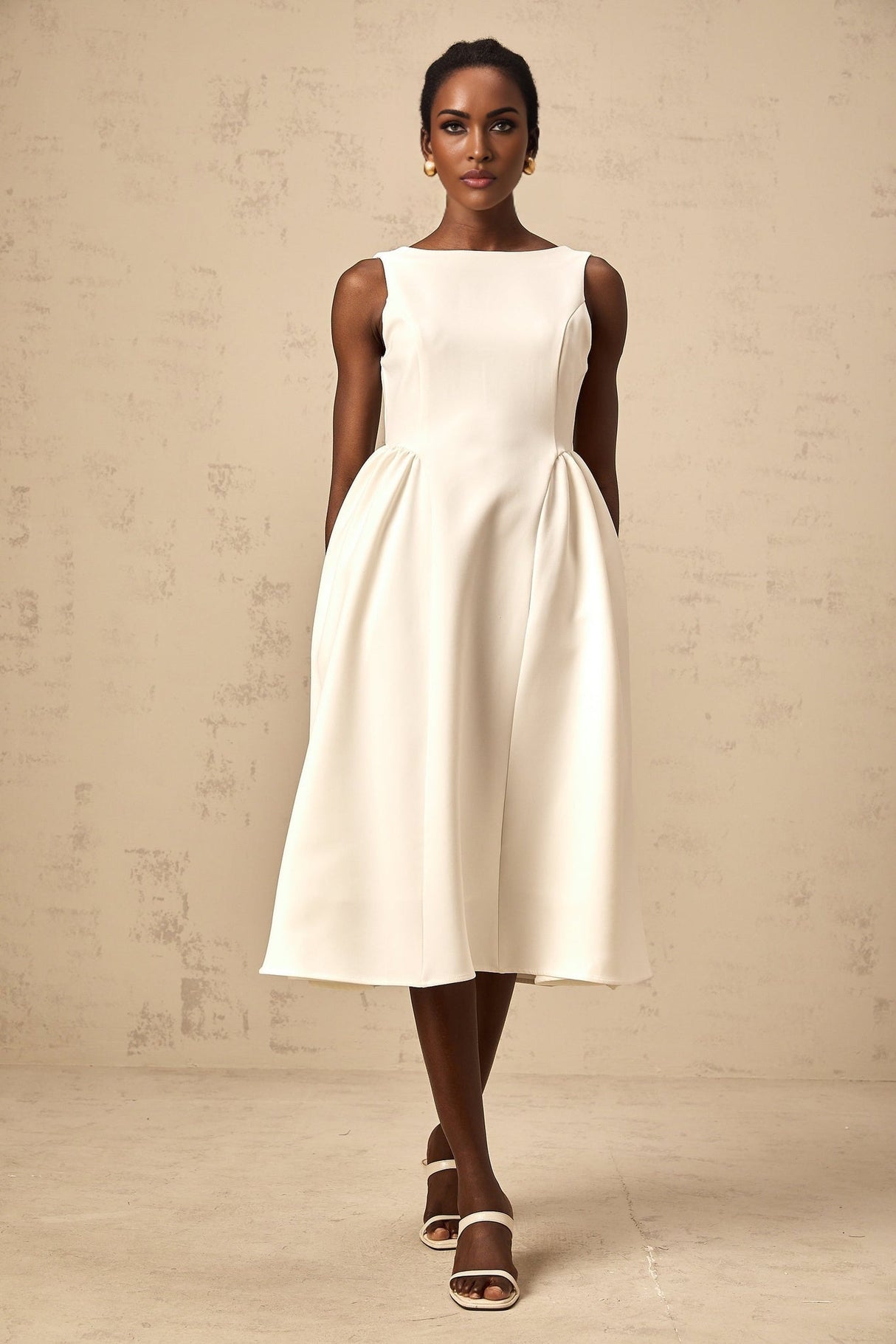 Yasmin Midi Dress White Sleeveless Bateau Neck Pleated Full Skirt & Scoop Back