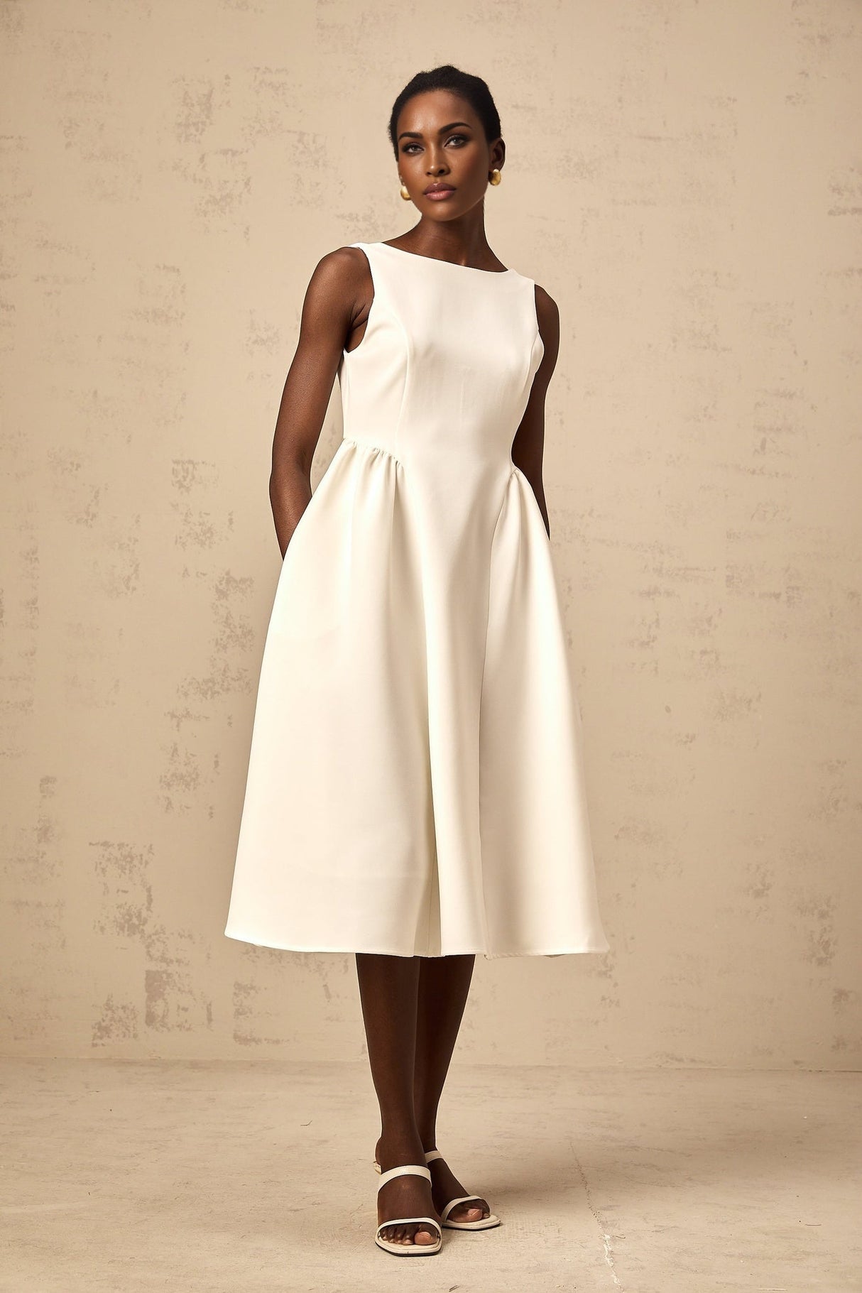 Yasmin Midi Dress White Sleeveless Bateau Neck Pleated Full Skirt & Scoop Back