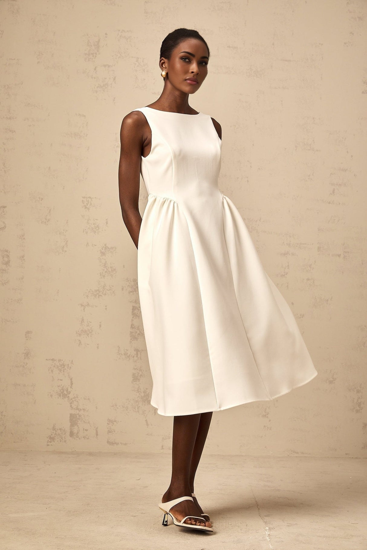 Yasmin Midi Dress White Sleeveless Bateau Neck Pleated Full Skirt & Scoop Back