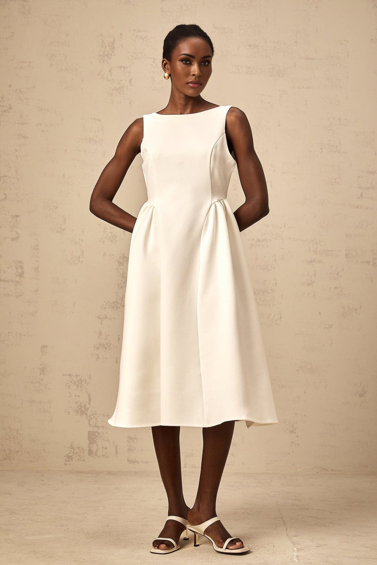 Yasmin Midi Dress White Sleeveless Bateau Neck Pleated Full Skirt & Scoop Back