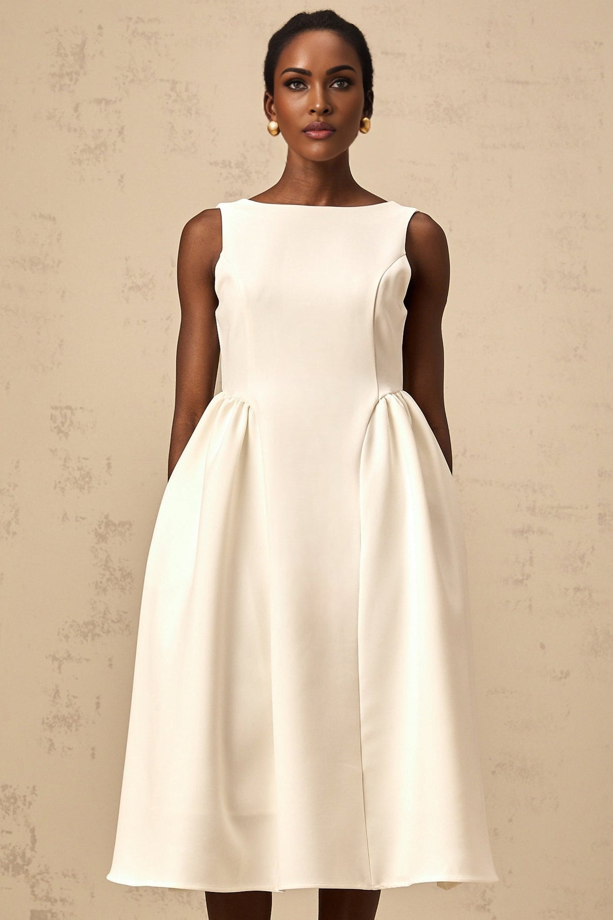 Yasmin Midi Dress White Sleeveless Bateau Neck Pleated Full Skirt & Scoop Back