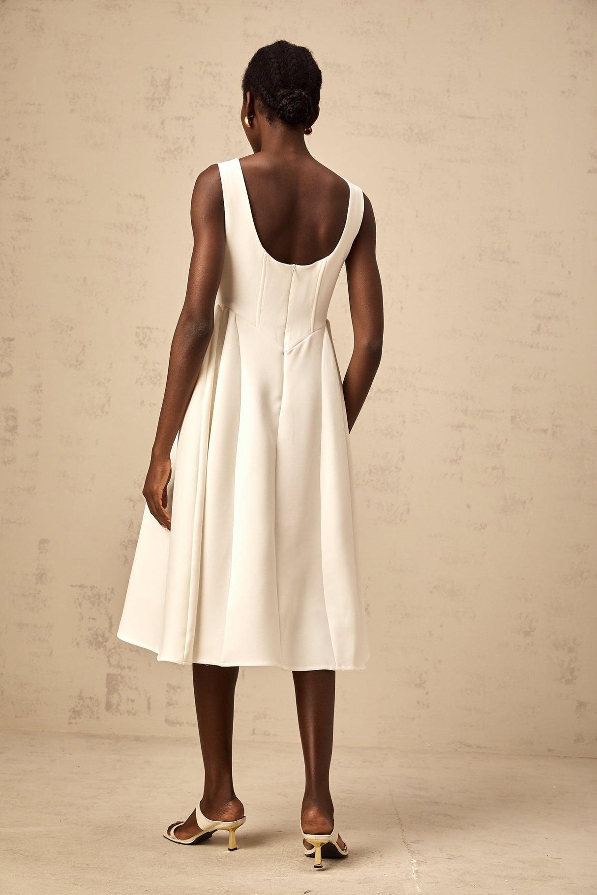 Yasmin Midi Dress White Sleeveless Bateau Neck Pleated Full Skirt & Scoop Back