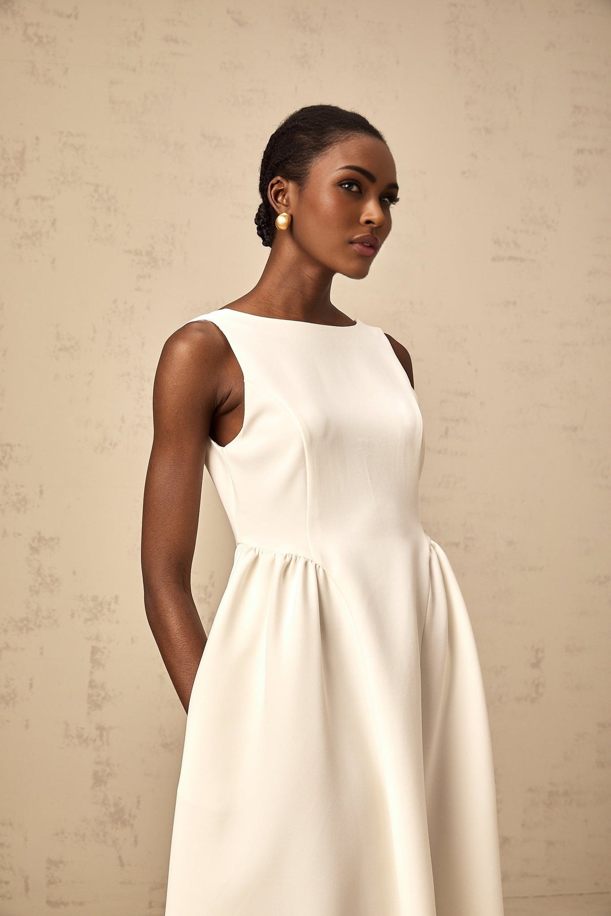 Yasmin Midi Dress White Sleeveless Bateau Neck Pleated Full Skirt & Scoop Back