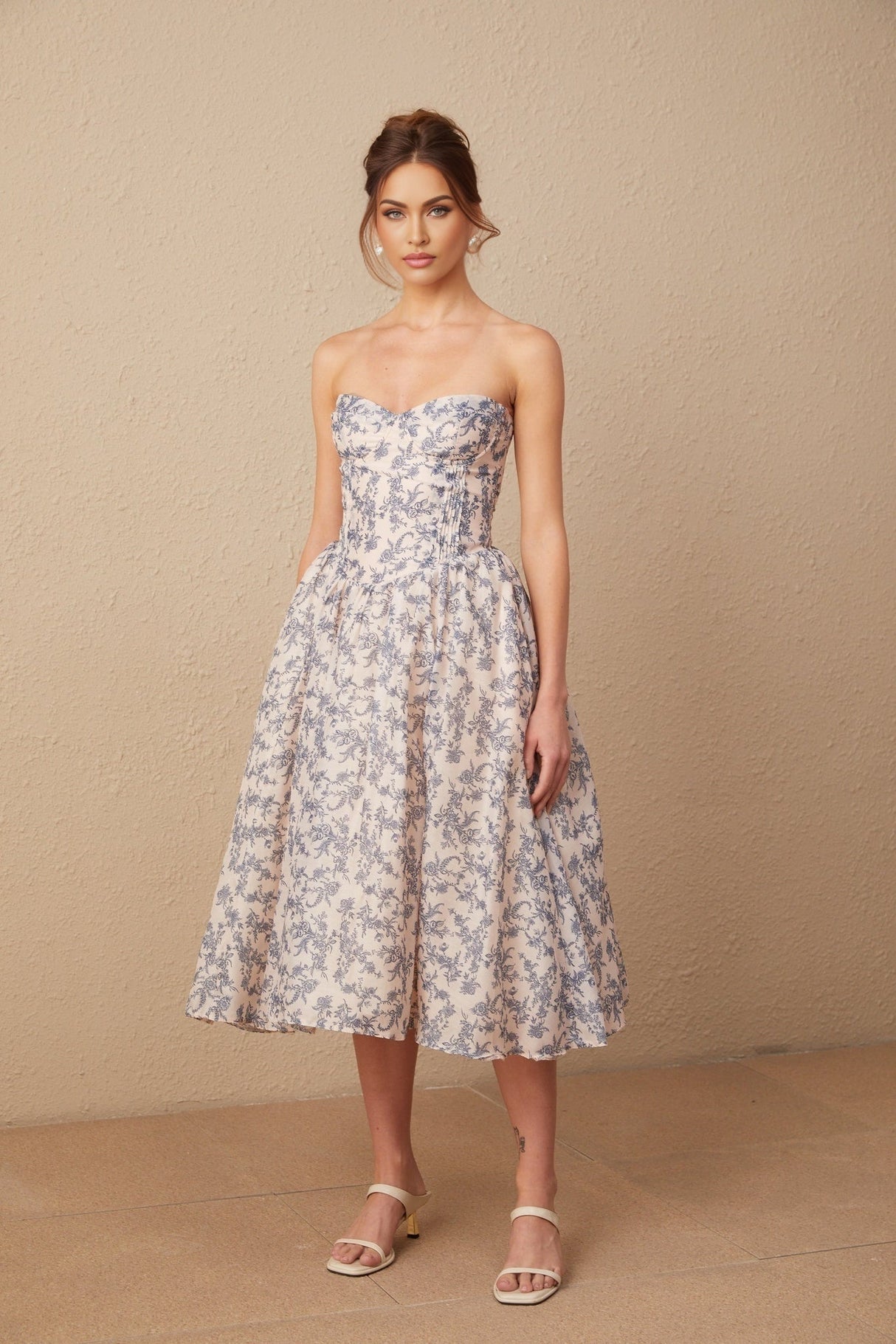 Yasmin Neutrals Blue Floral Print Midi Dress