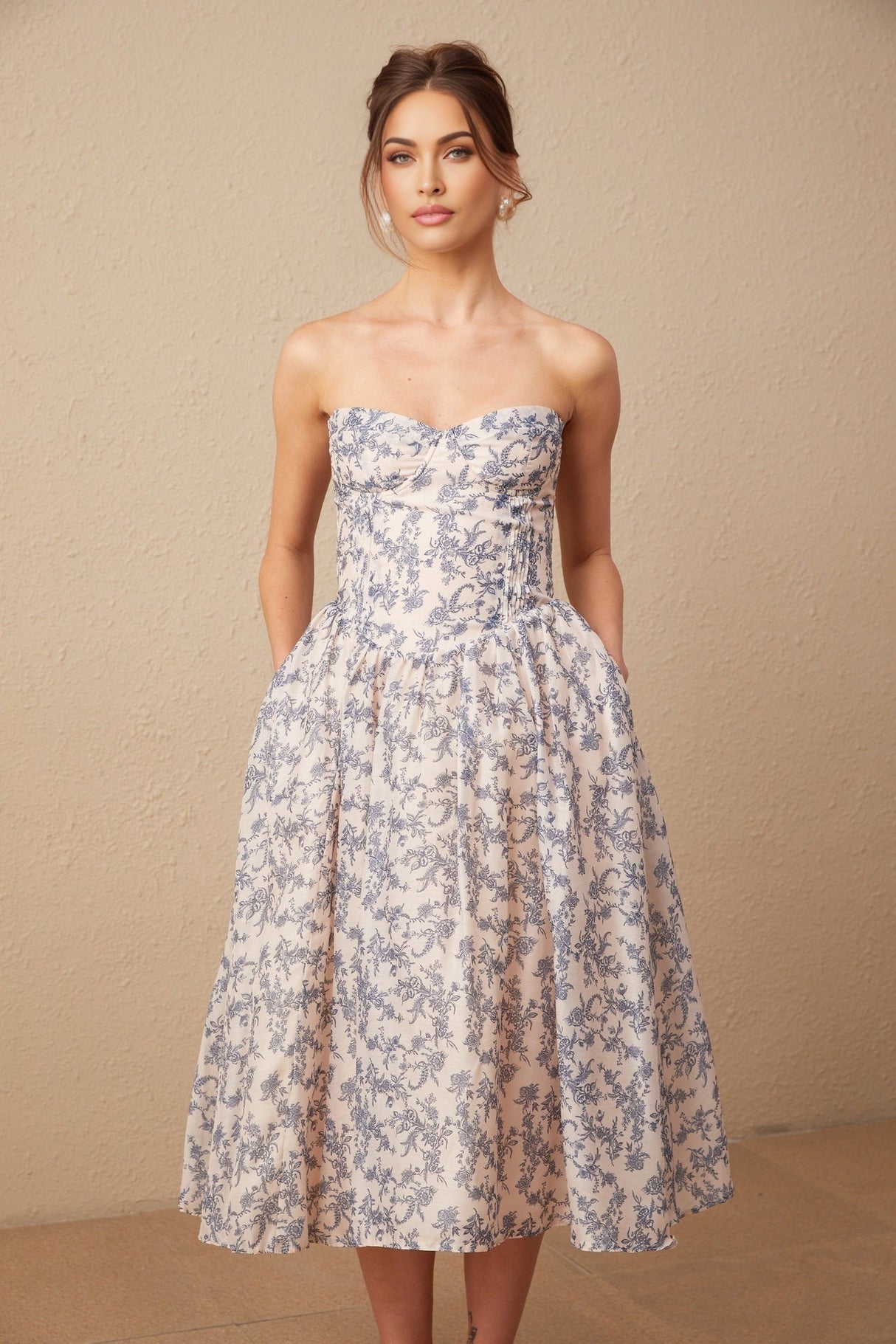 Yasmin Neutrals Blue Floral Print Midi Dress