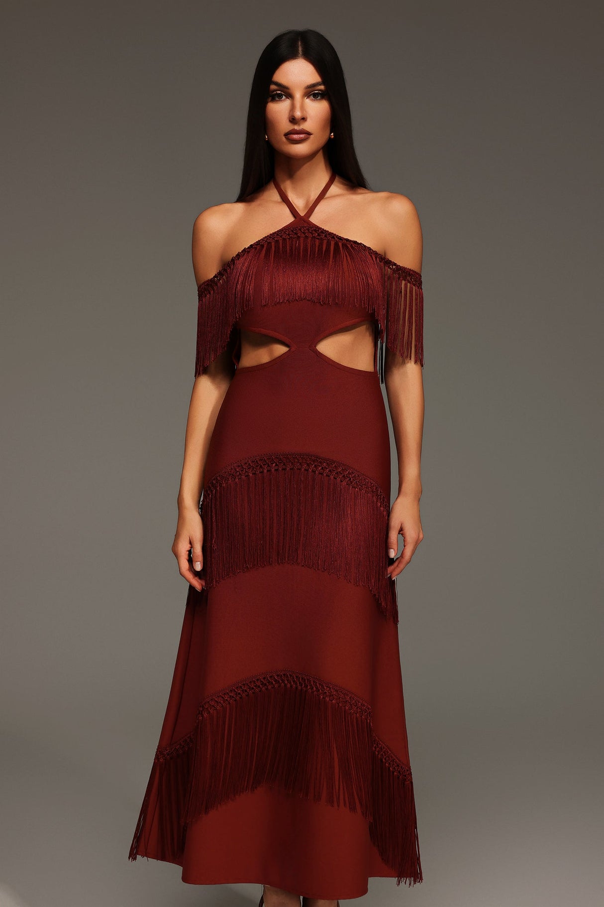 Yasmin Red Bandage Halter Maxi Dress with Tassel Detailing
