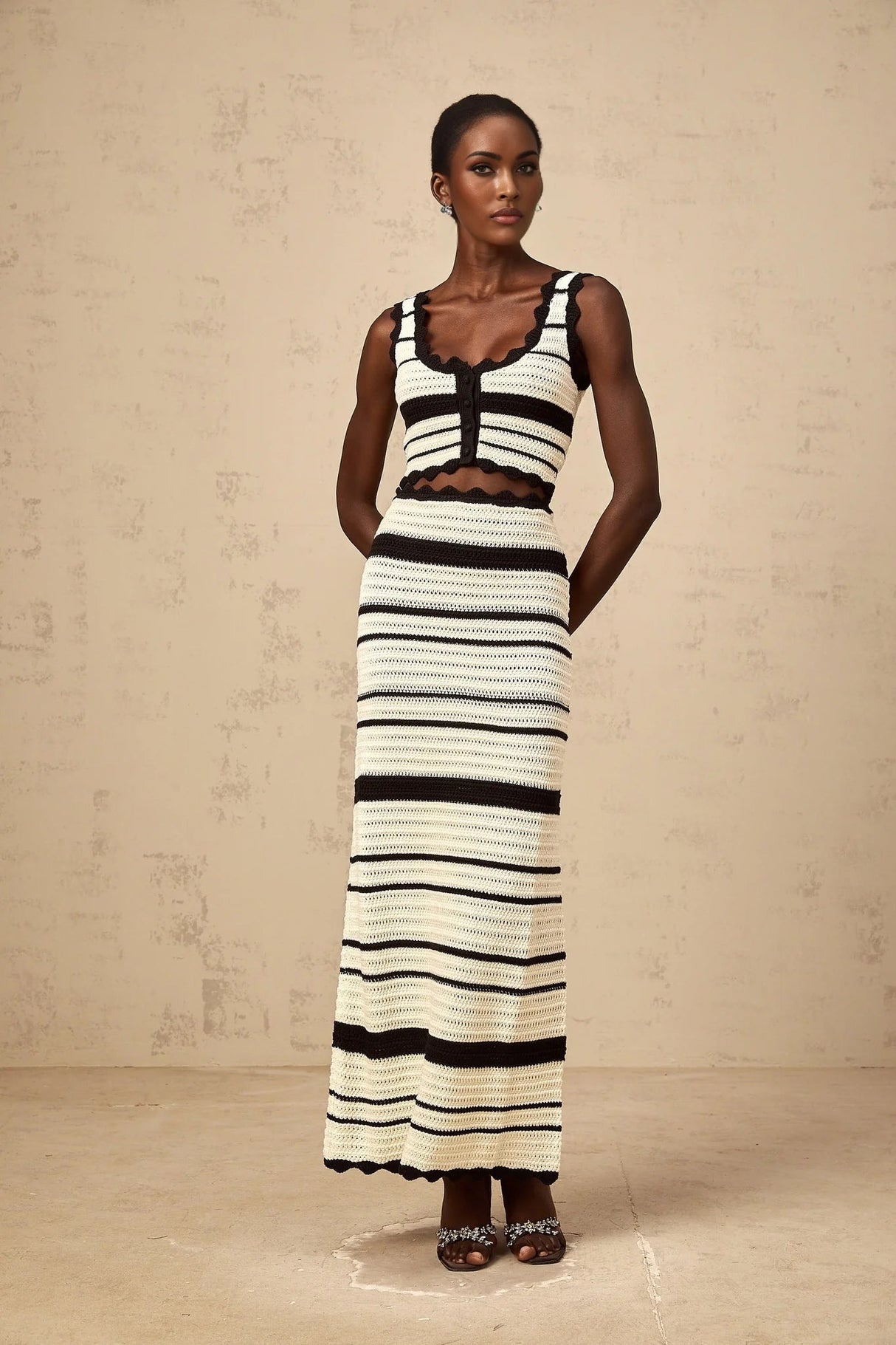 Yasmin Vest & Skirt Set Crochet Knit Horizontal Stripe Scallop Hem White & Black