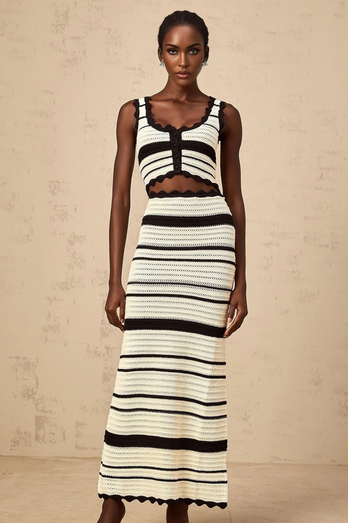 Yasmin Vest & Skirt Set Crochet Knit Horizontal Stripe Scallop Hem White & Black