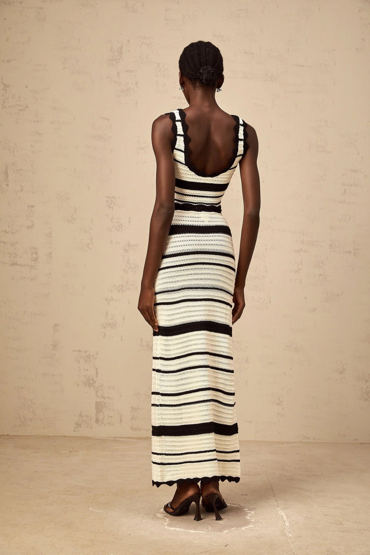 Yasmin Vest & Skirt Set Crochet Knit Horizontal Stripe Scallop Hem White & Black