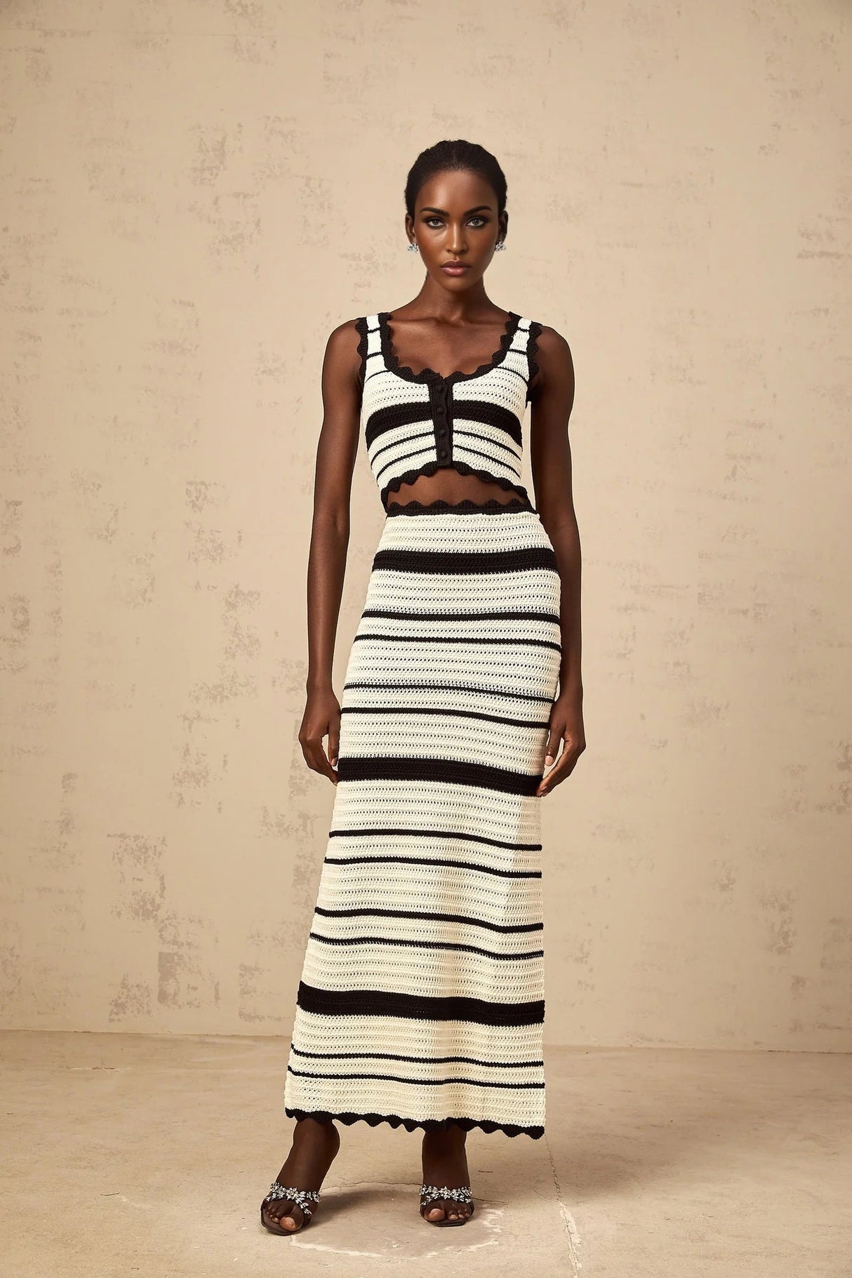 Yasmin Vest & Skirt Set Crochet Knit Horizontal Stripe Scallop Hem White & Black