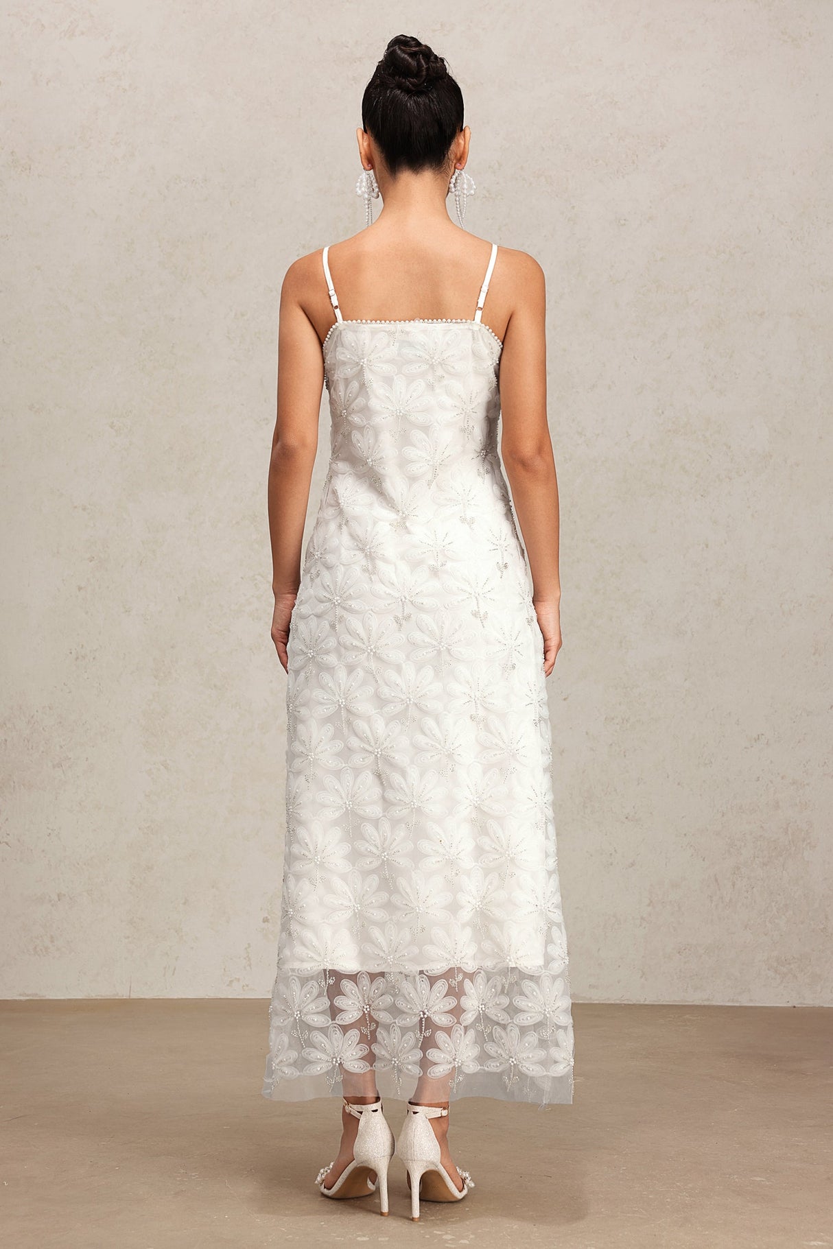 Yasmin White Lace Halter Maxi Dress Floral Patterns Lightweight Fabric Elegant Sophisticated Stylish Graceful Wedding Summer Garden Party Fashion Forward Wardrobe