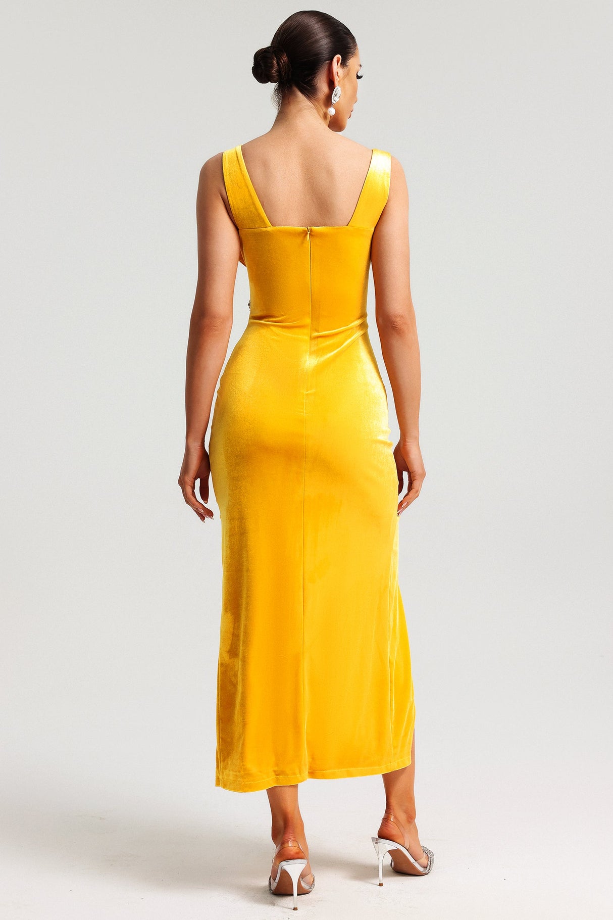 Yellow Hakula Diamante Slit Midi Dress with V-neckline and side slit