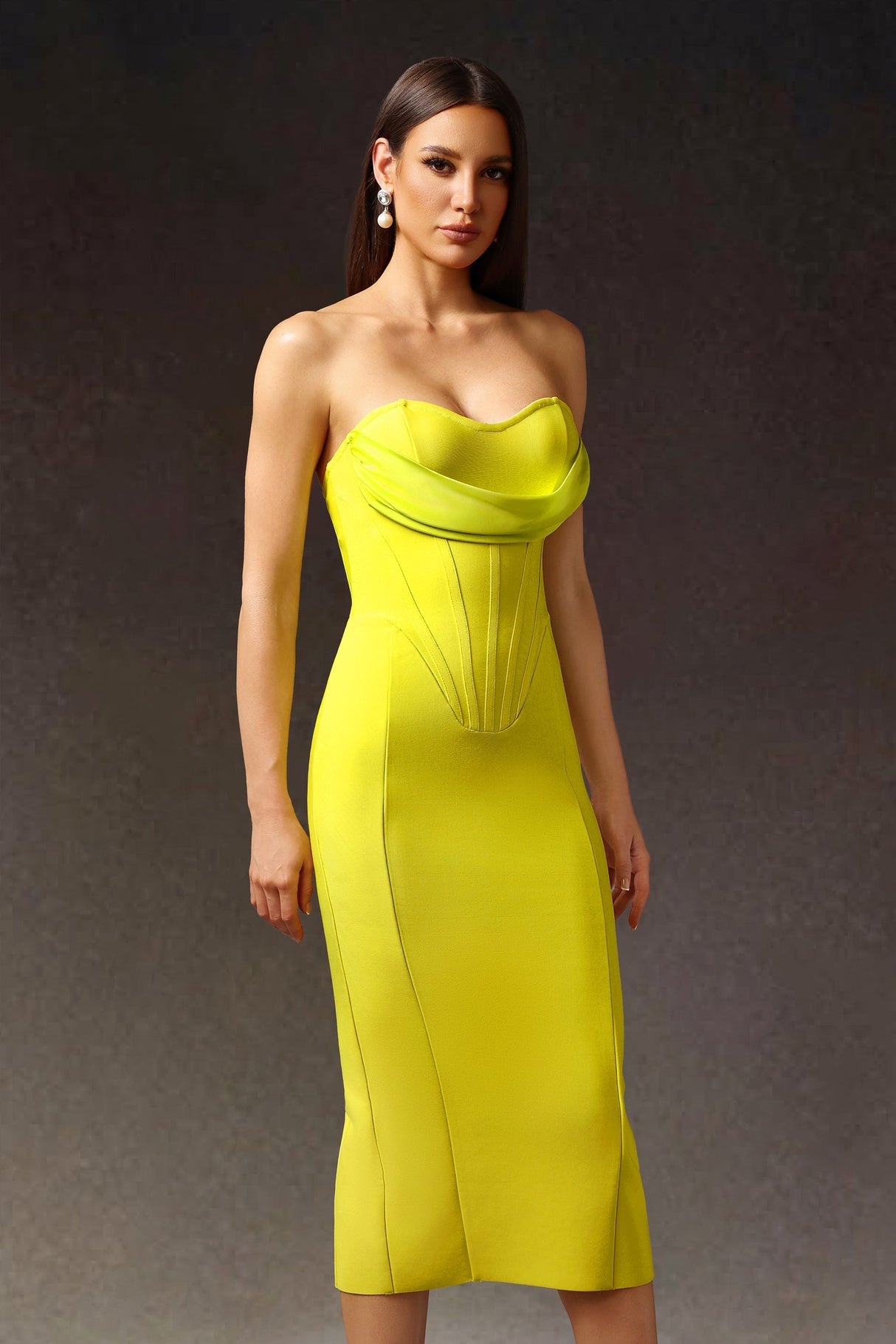 Yellow Suku Sleeveless Fish Bone Bandage Midi Dress