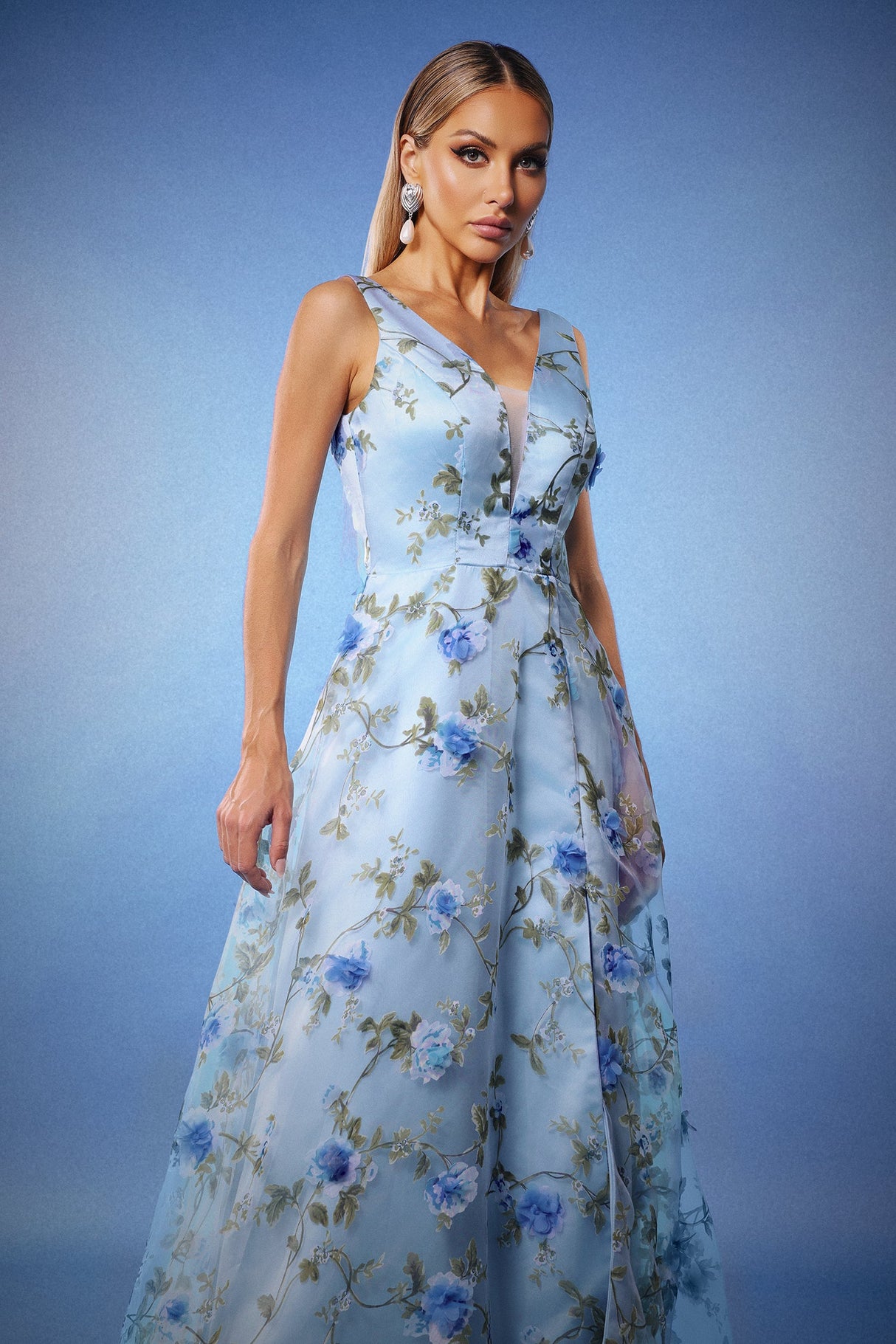 Yvette Blue Floral Maxi Dress Elegant Formal Wear