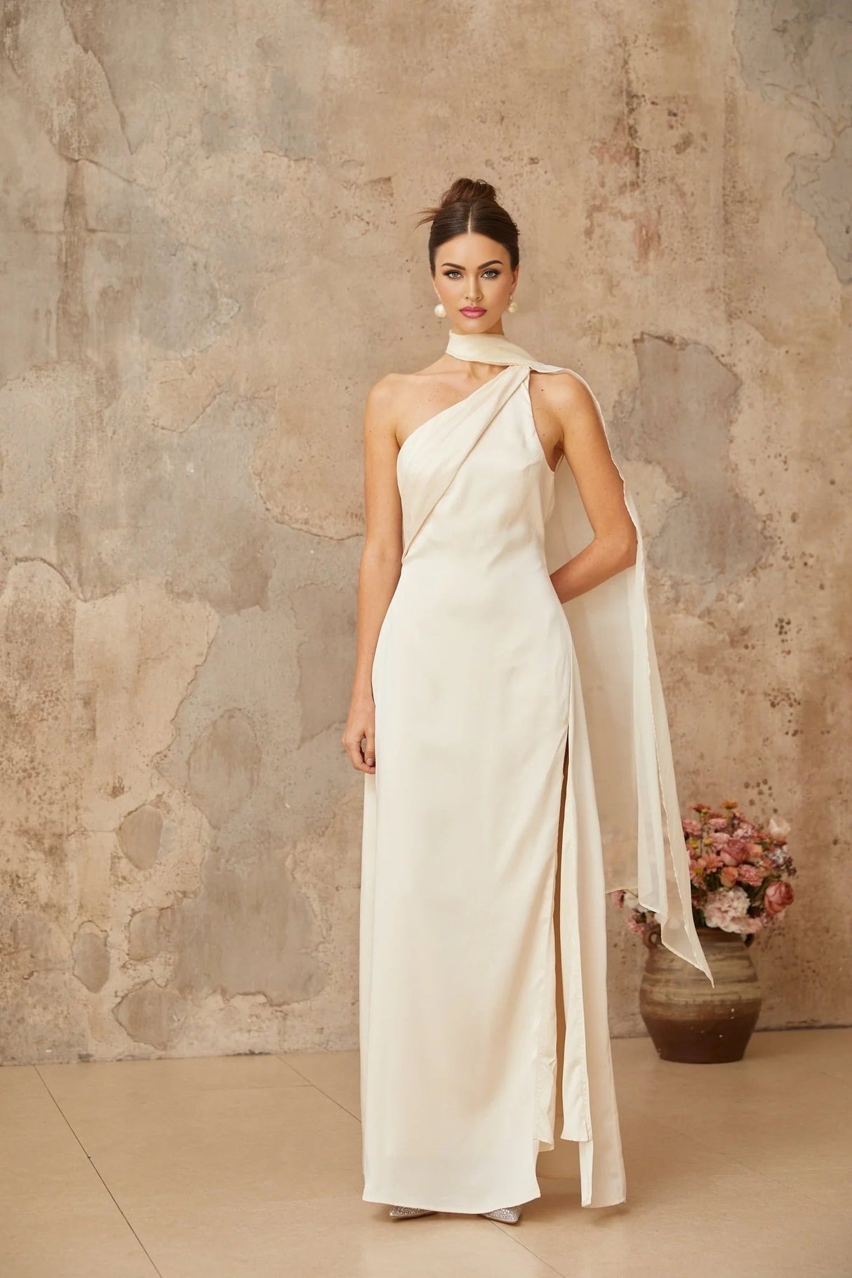 Yvette Maxi Dress White Satin Scarf Detail & Side Slit