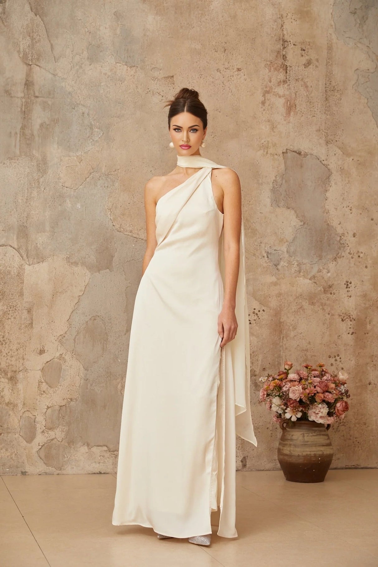 Yvette Maxi Dress White Satin Scarf Detail & Side Slit
