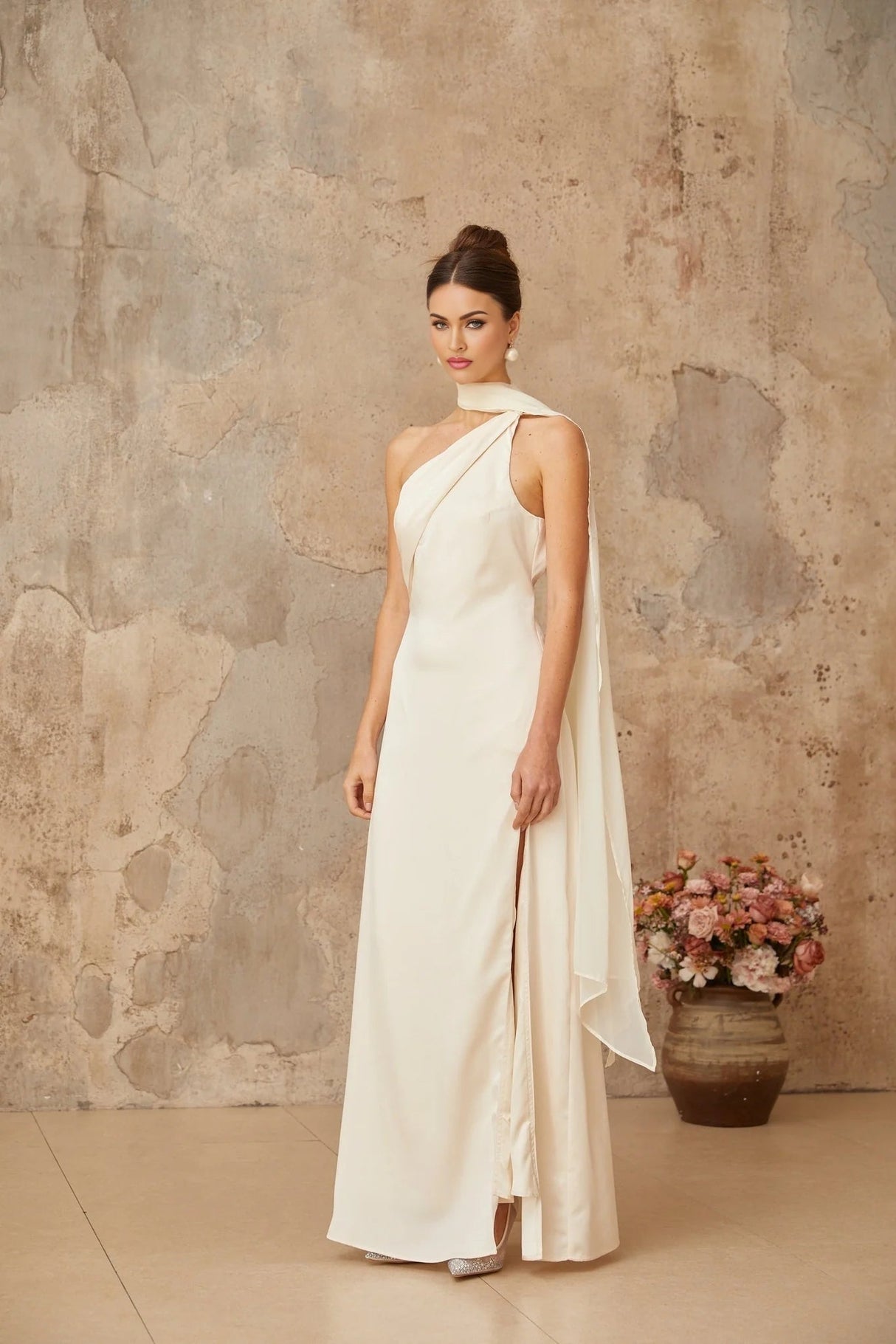 Yvette Maxi Dress White Satin Scarf Detail & Side Slit