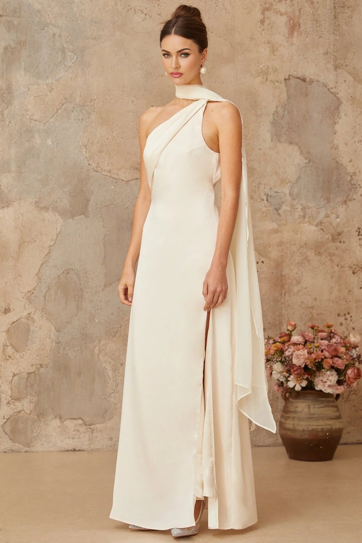 Yvette Maxi Dress White Satin Scarf Detail & Side Slit