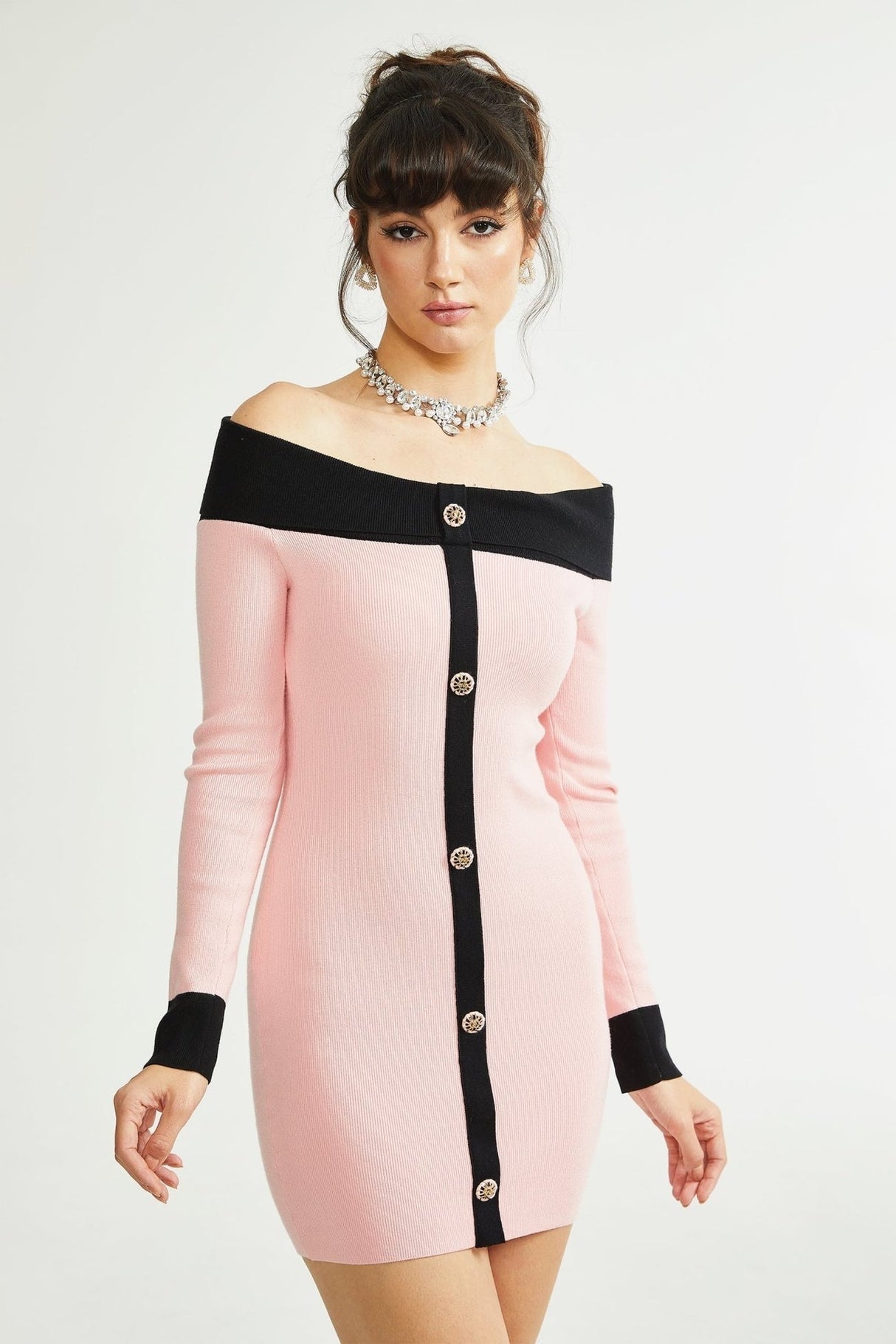 Yvette Mini Dress Pink Black Button Knit Thigh Length
