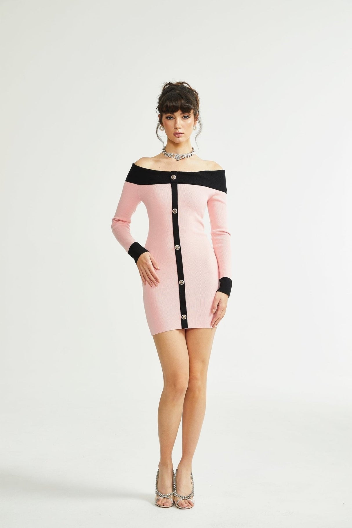 Yvette Mini Dress Pink Black Button Knit Thigh Length