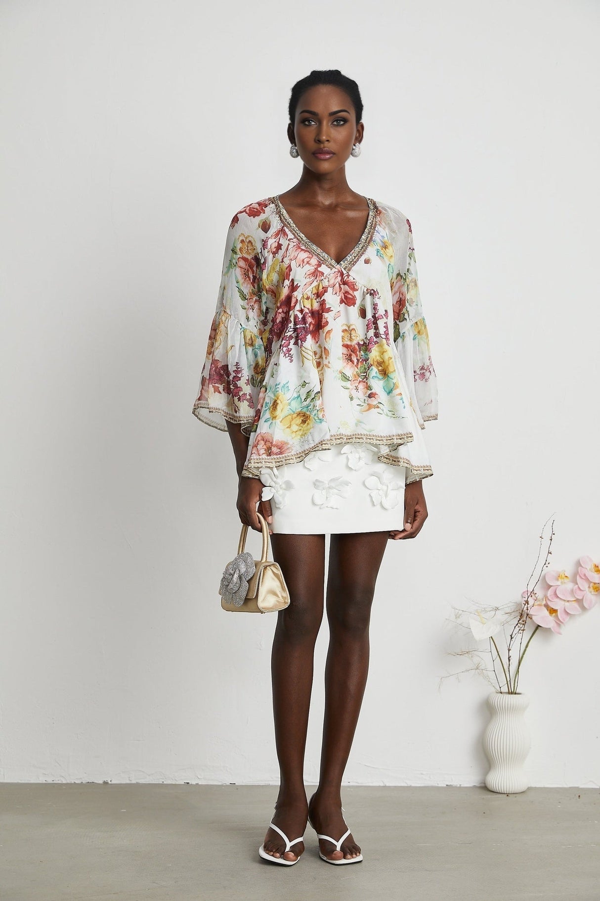 Yvonne Floral Tulle V - Neck Blouse With Flared Sleeves