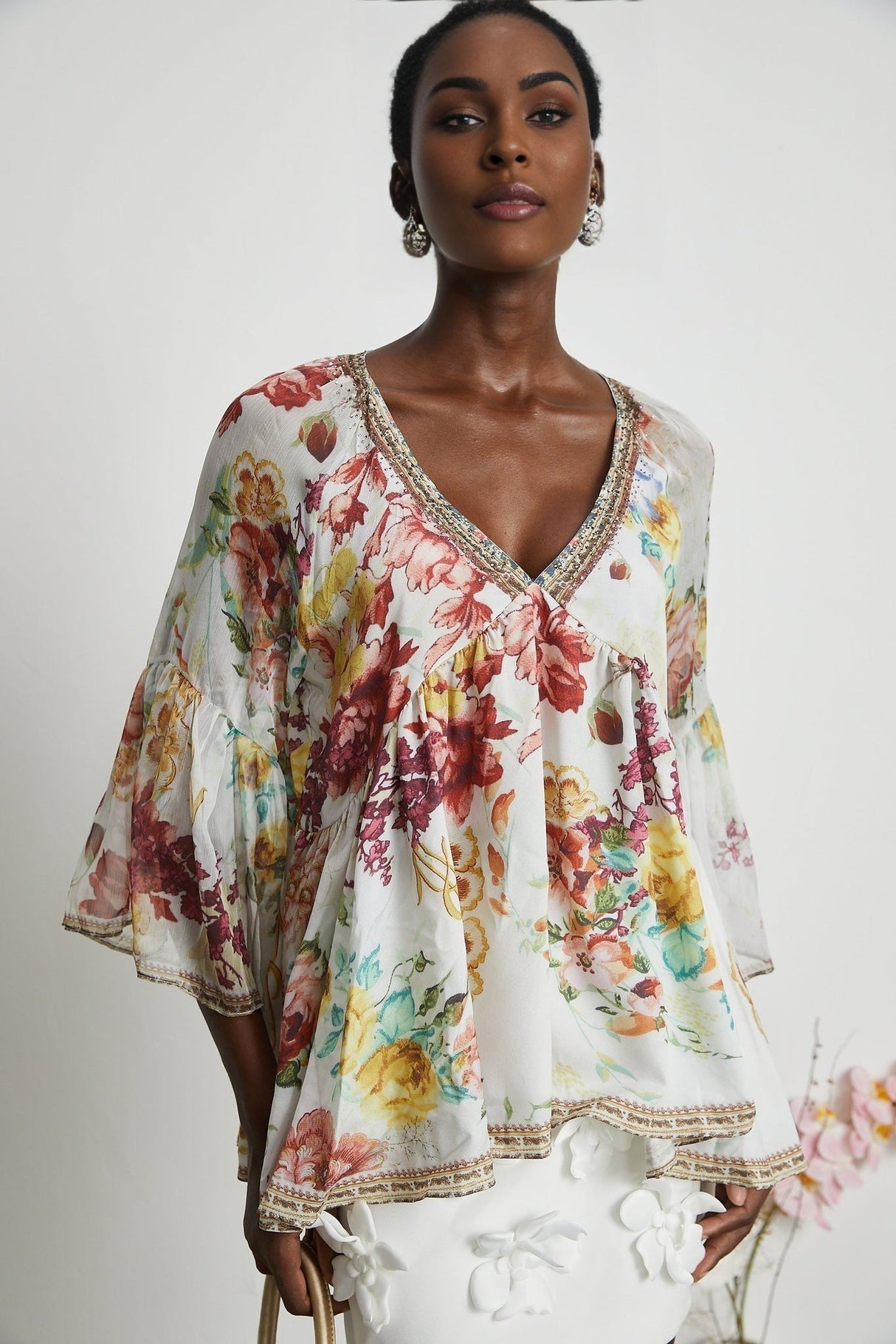 Yvonne Floral Tulle V - Neck Blouse With Flared Sleeves
