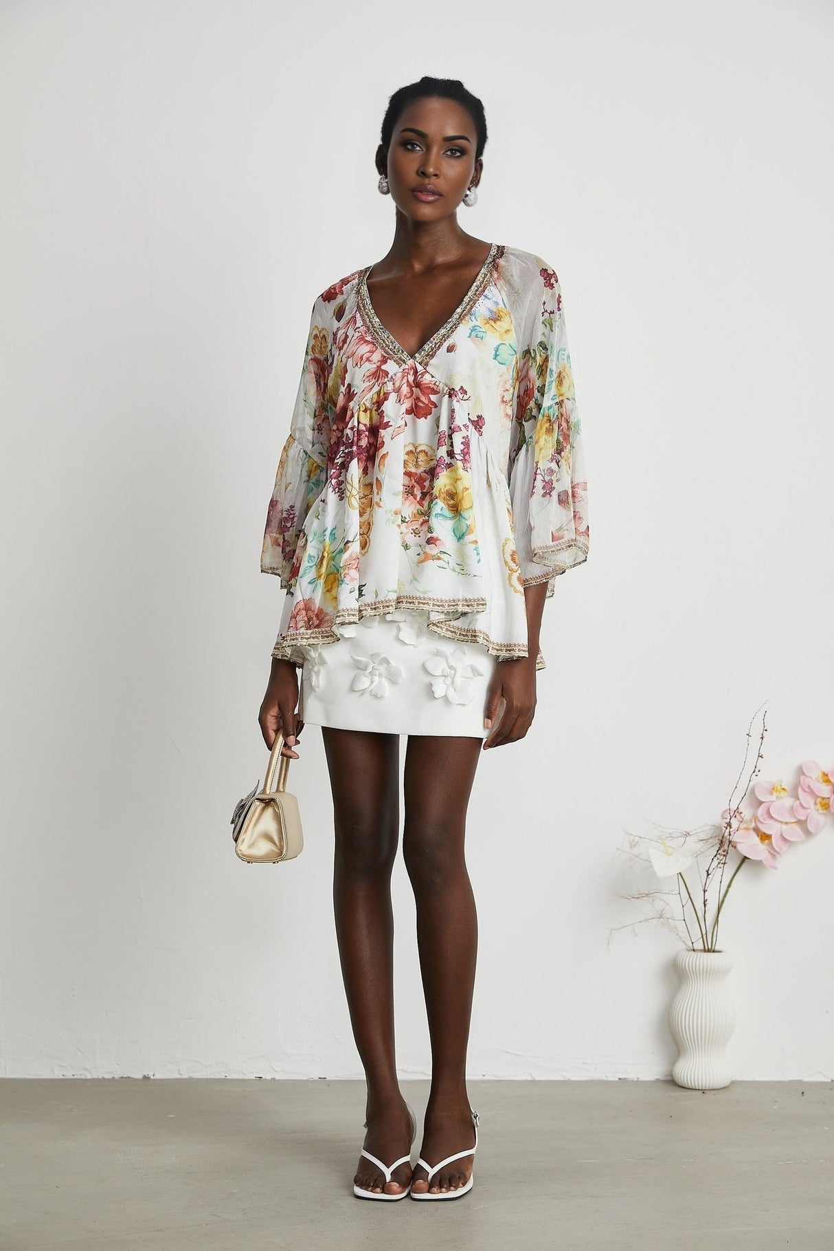 Yvonne Floral Tulle V - Neck Blouse With Flared Sleeves