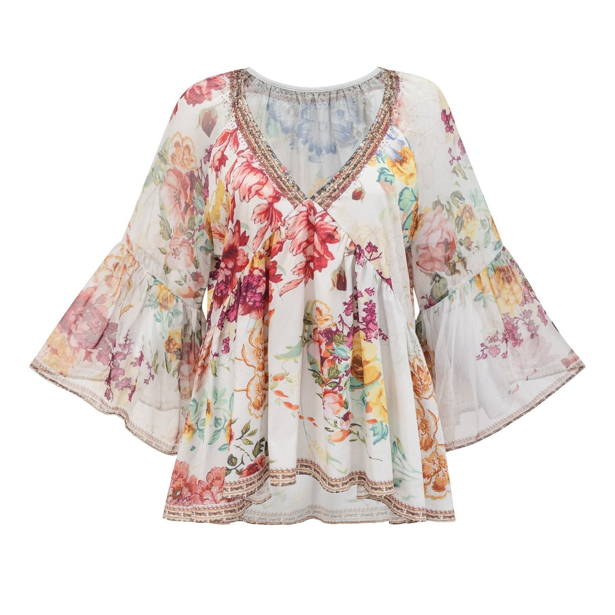 Yvonne Floral Tulle V - Neck Blouse With Flared Sleeves