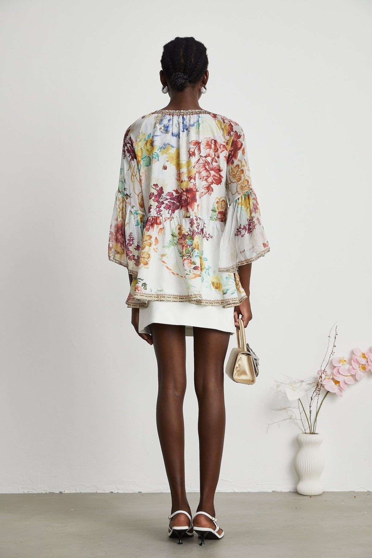 Yvonne Floral Tulle V - Neck Blouse With Flared Sleeves