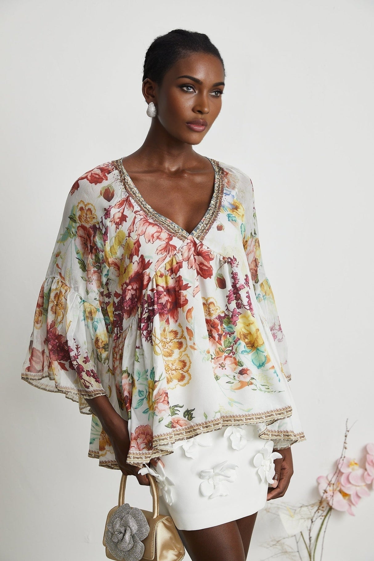 Yvonne Floral Tulle V - Neck Blouse With Flared Sleeves