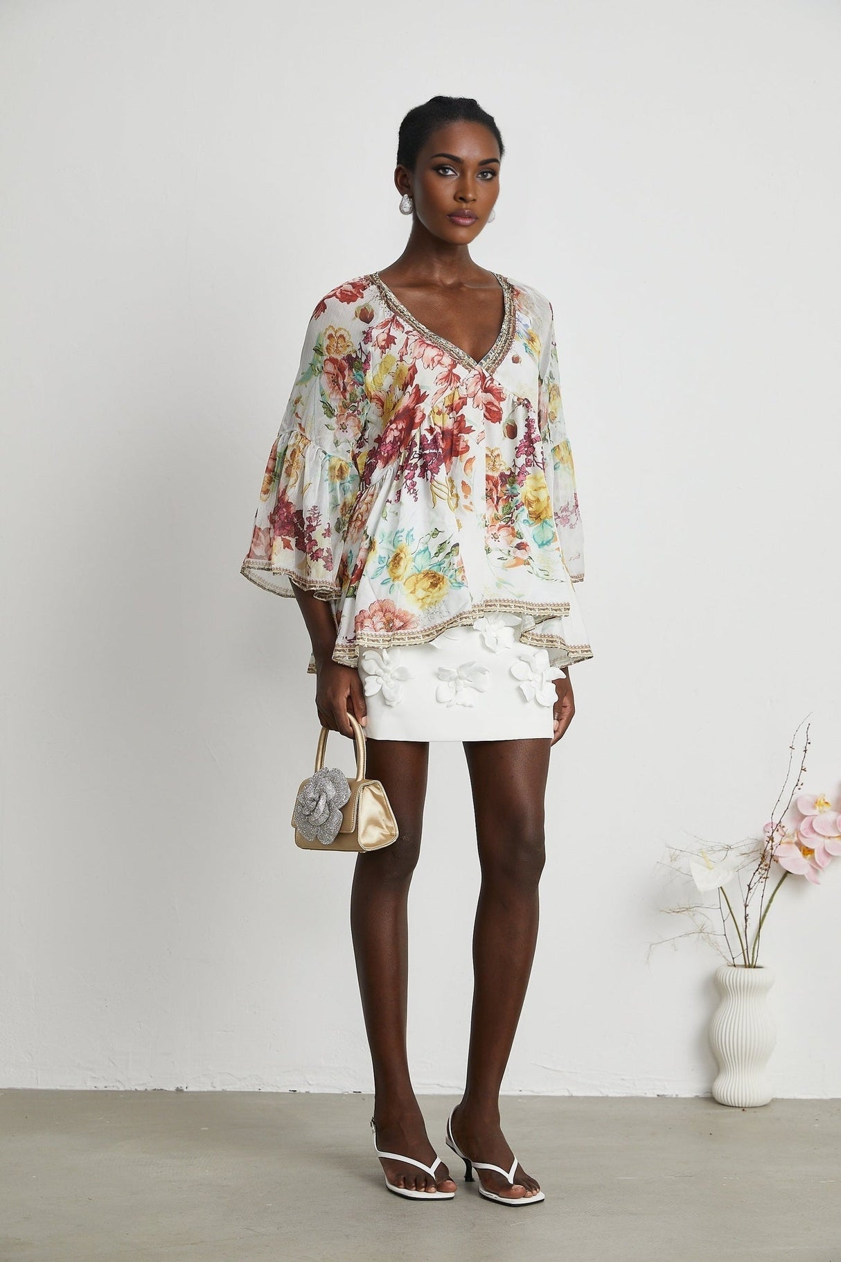 Yvonne Floral Tulle V - Neck Blouse With Flared Sleeves