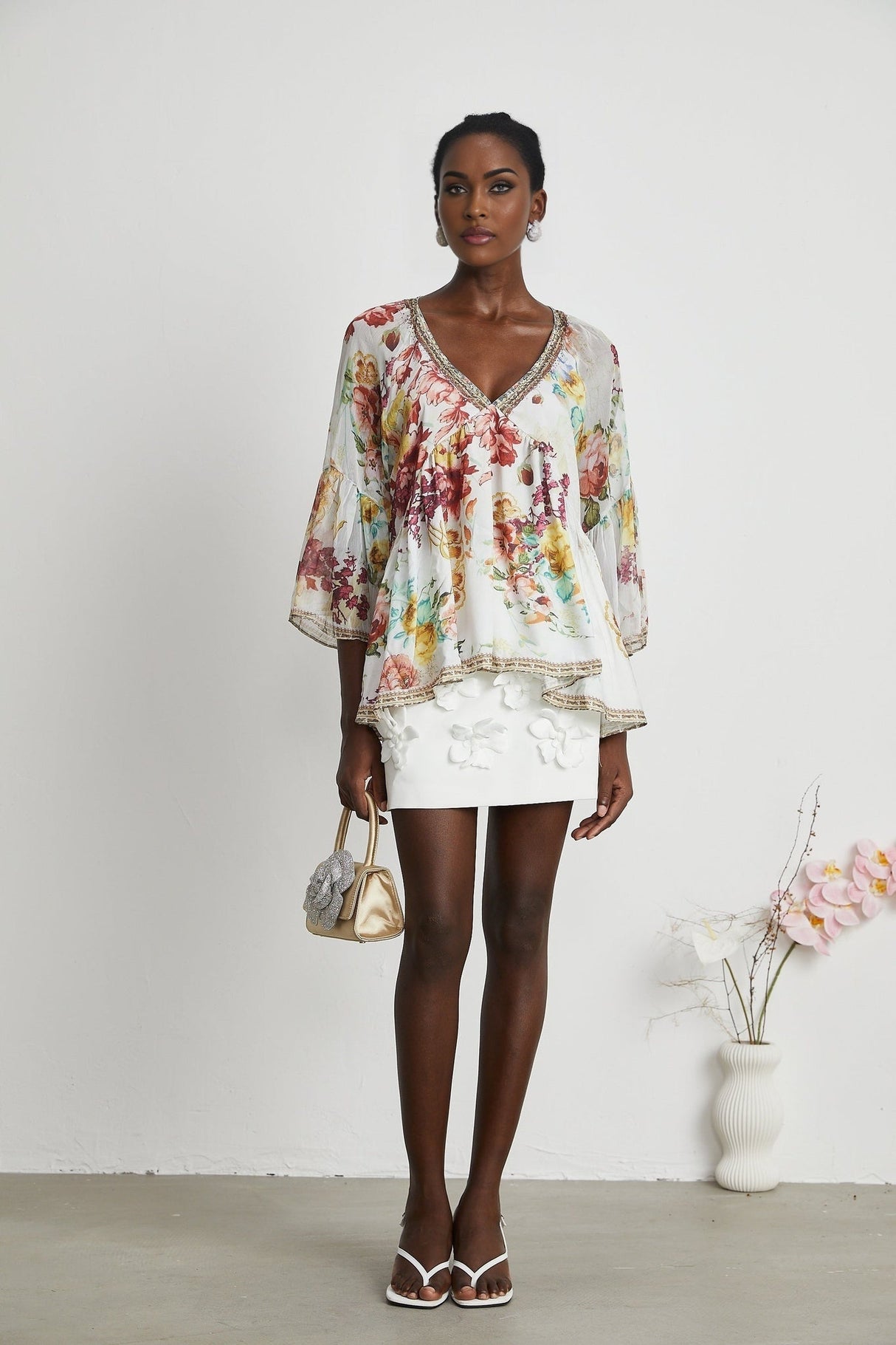 Yvonne Floral Tulle V - Neck Blouse With Flared Sleeves