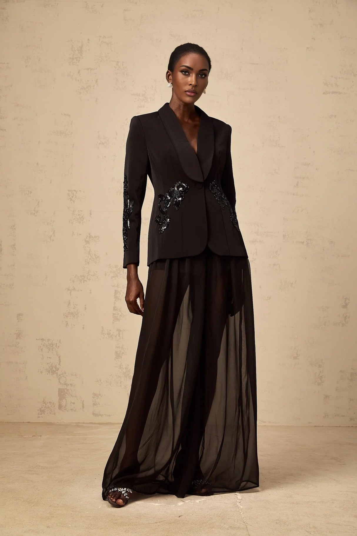 Zaira Blazer & Trousers Set Sequin Embellished Black Matching Suit